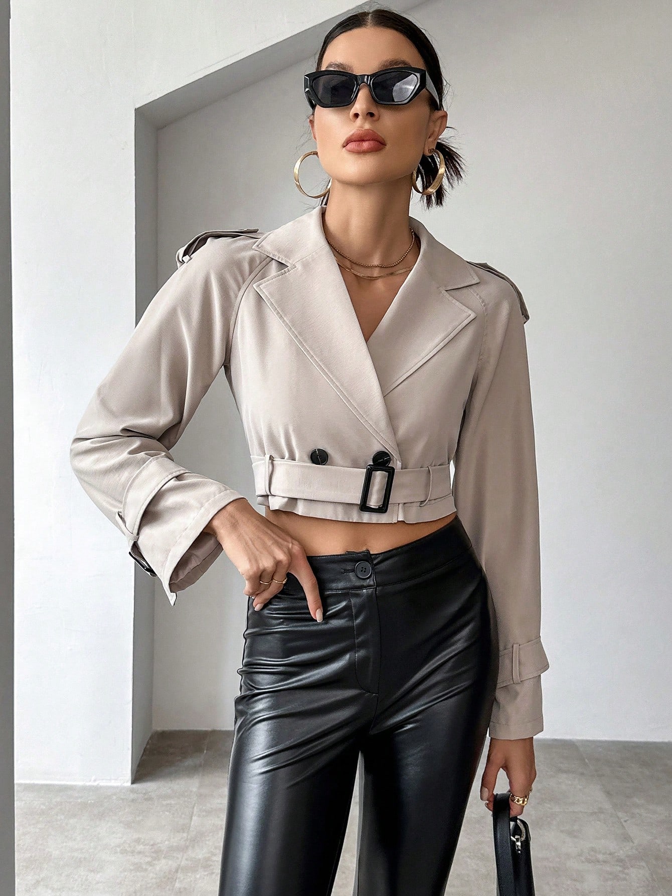 Lapel Neck Double Breasted Belted Crop Trench Coat