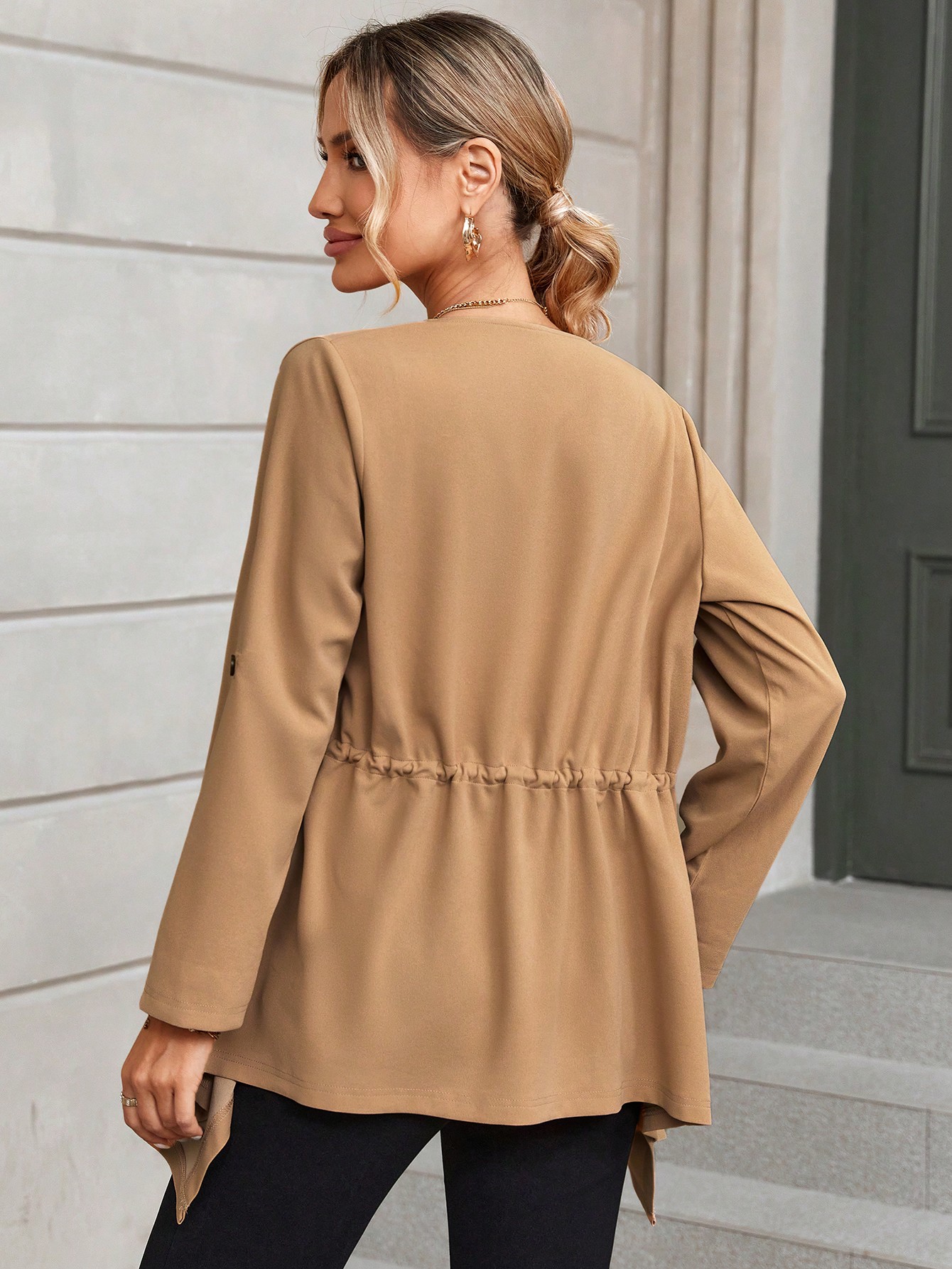 Roll Tab Sleeve Drawstring Waist Asymmetrical Hem Coat