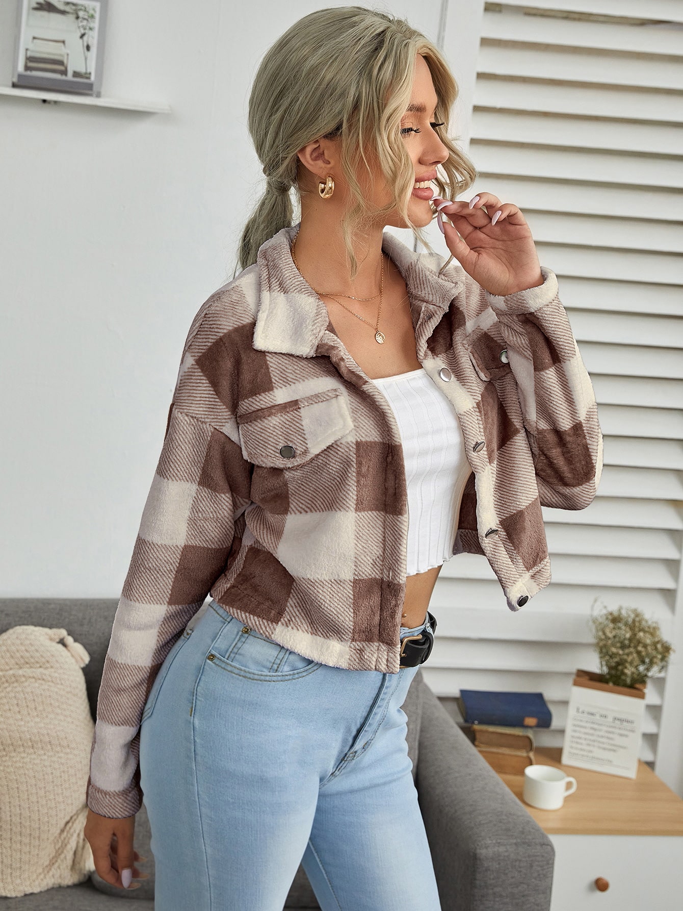 Button Front Drop Shoulder Buffalo Plaid Jacket