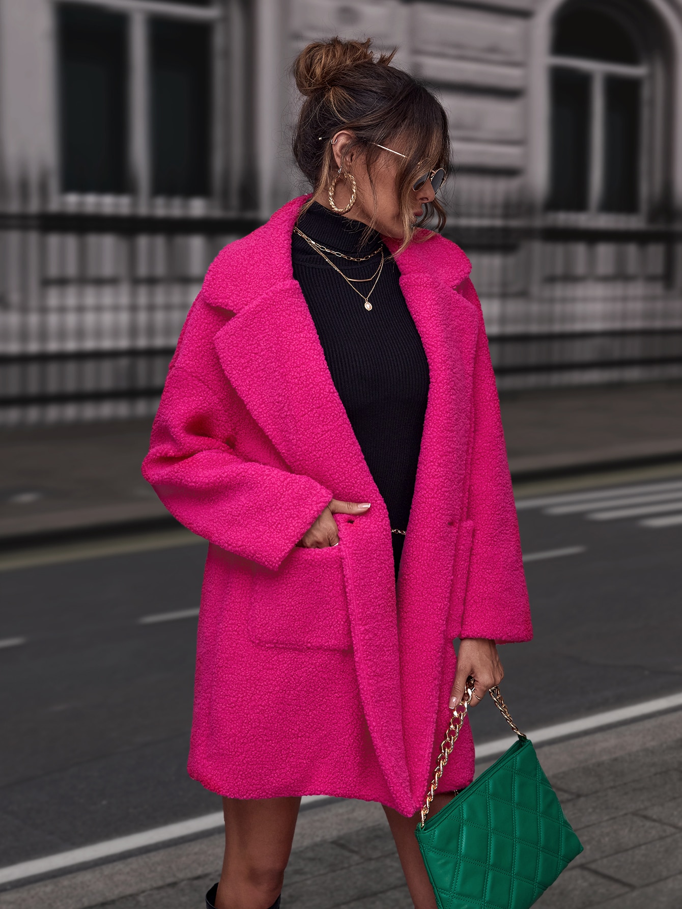 Dual Pocket Lapel Neck Teddy Coat