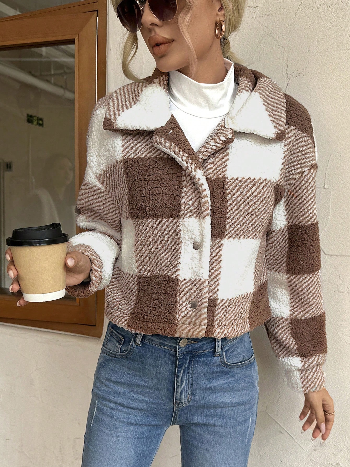 Buffalo Plaid Pattern Drop Shoulder Teddy Jacket