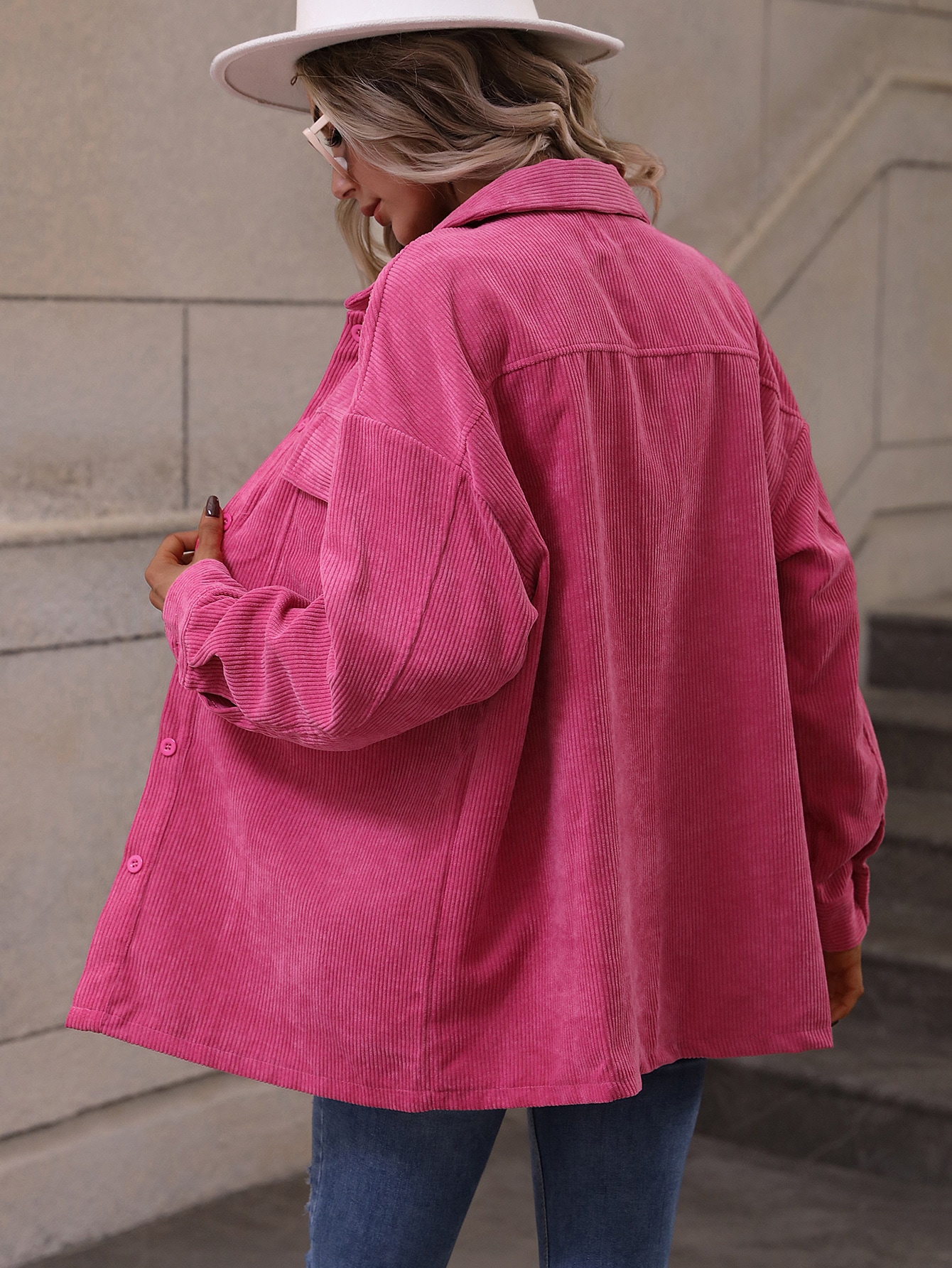Flap Pocket Drop Shoulder Corduroy Coat