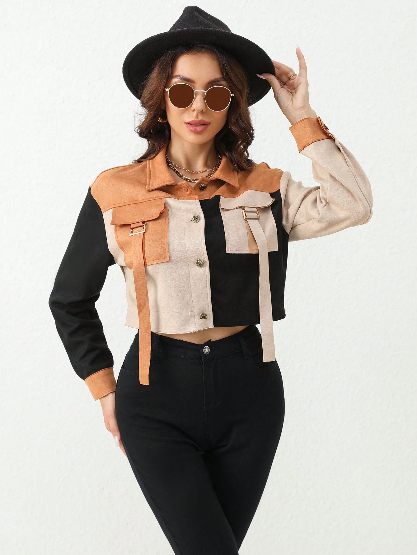 Colorblock Flap Pocket Buckle Detail Crop Jacket