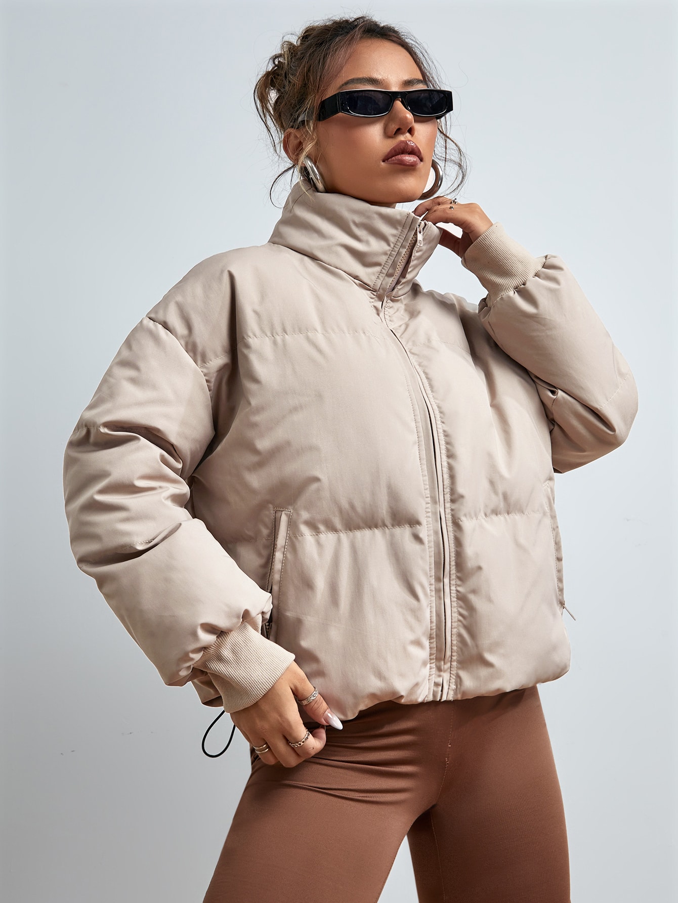 Drawstring Hem Drop Shoulder Zipper Puffer Coat