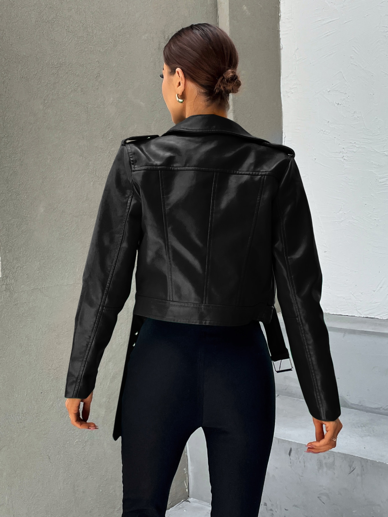 Zip Up Belted PU Leather Moto Jacket