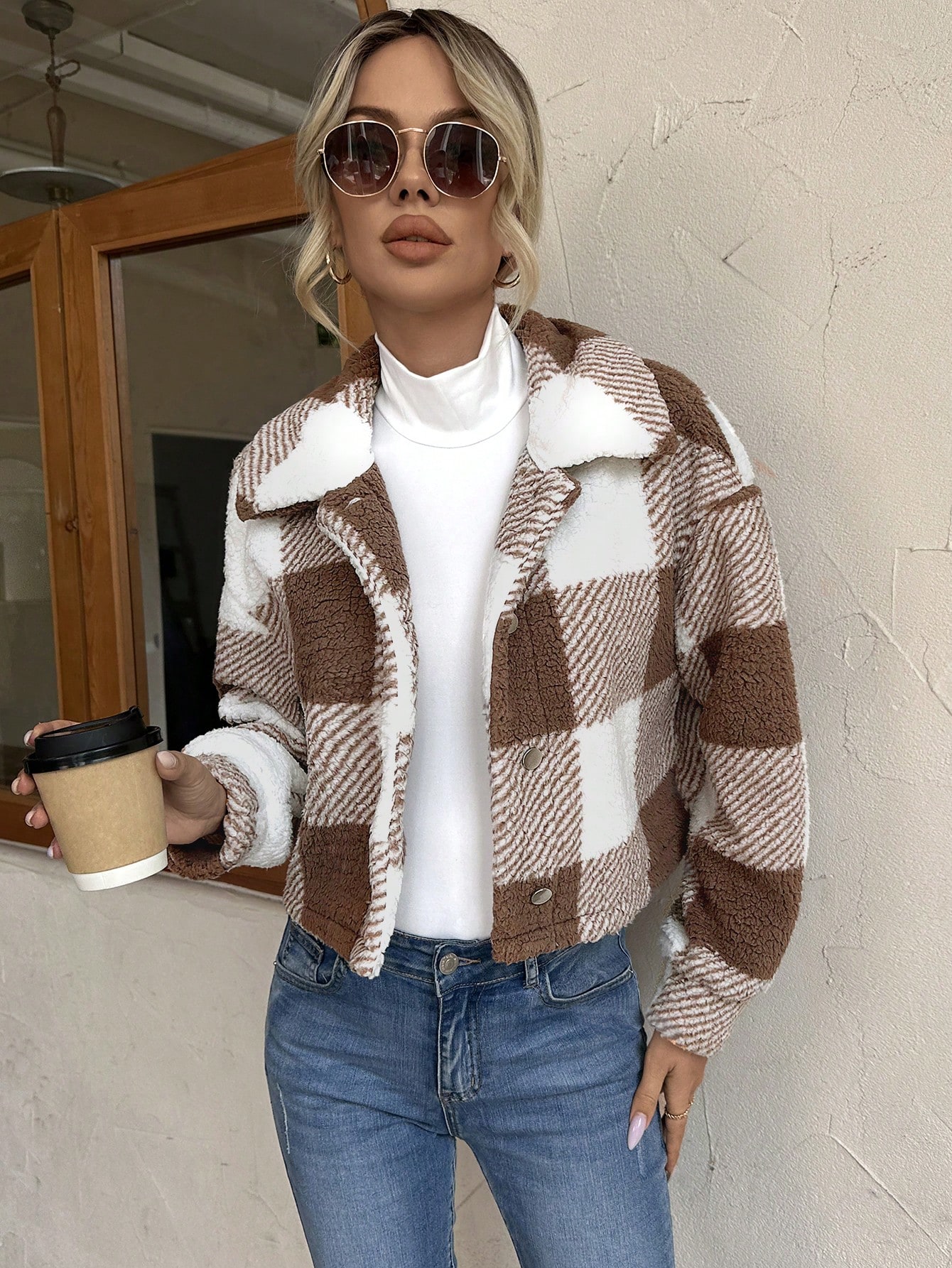Buffalo Plaid Pattern Drop Shoulder Teddy Jacket