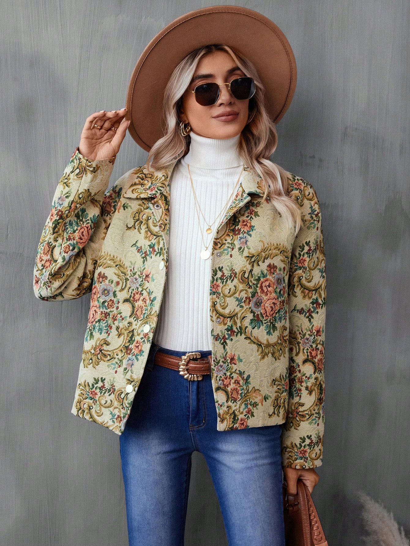 Floral Print Button Front Coat