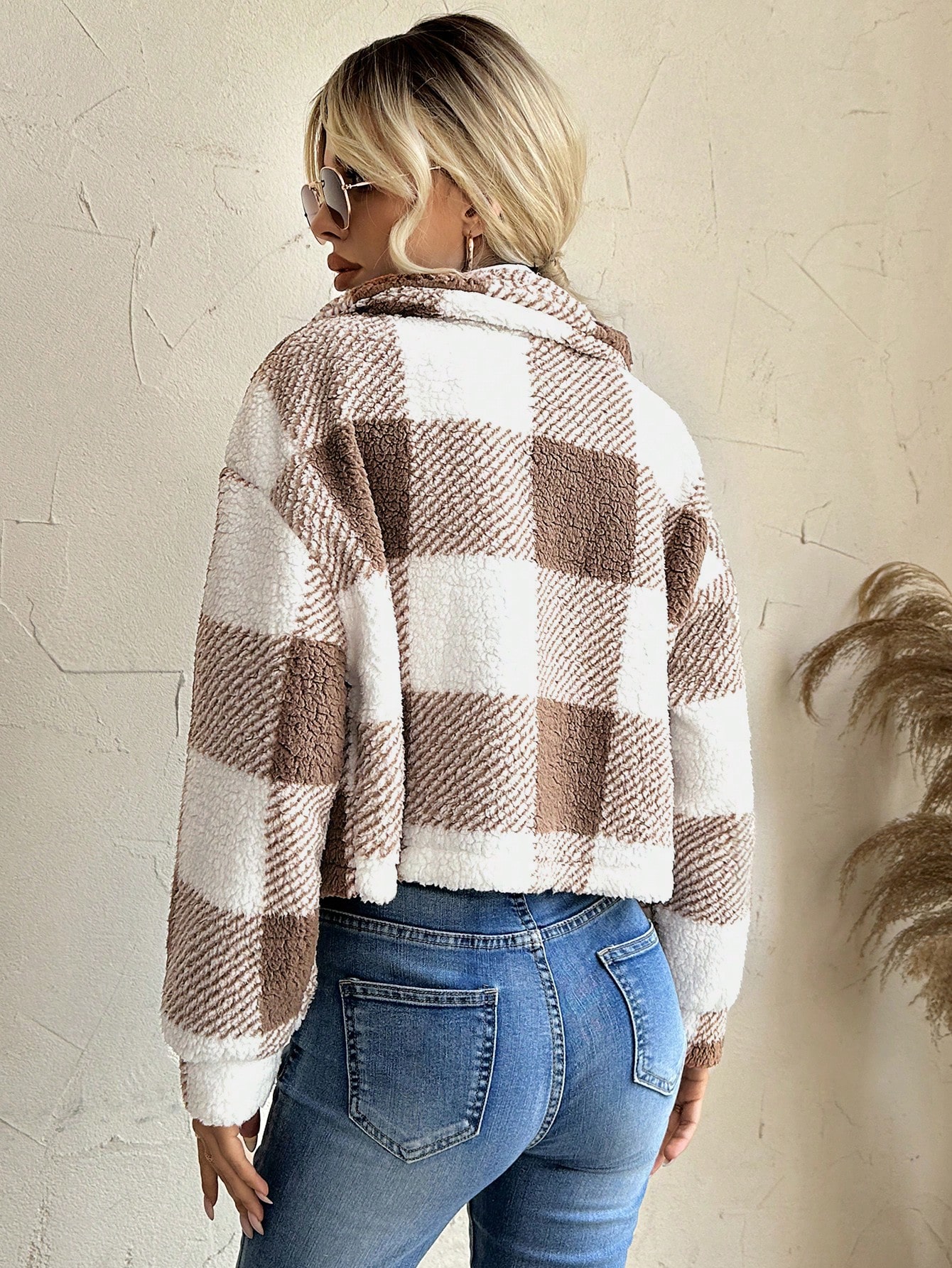 Buffalo Plaid Pattern Drop Shoulder Teddy Jacket