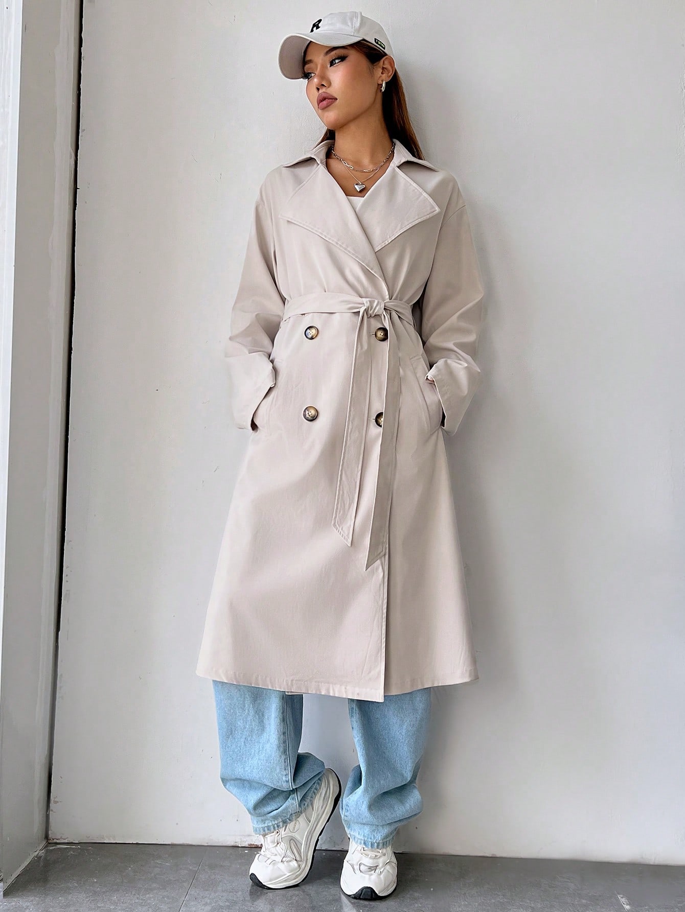 Lapel Neck Double Breasted Belted Trench Coat