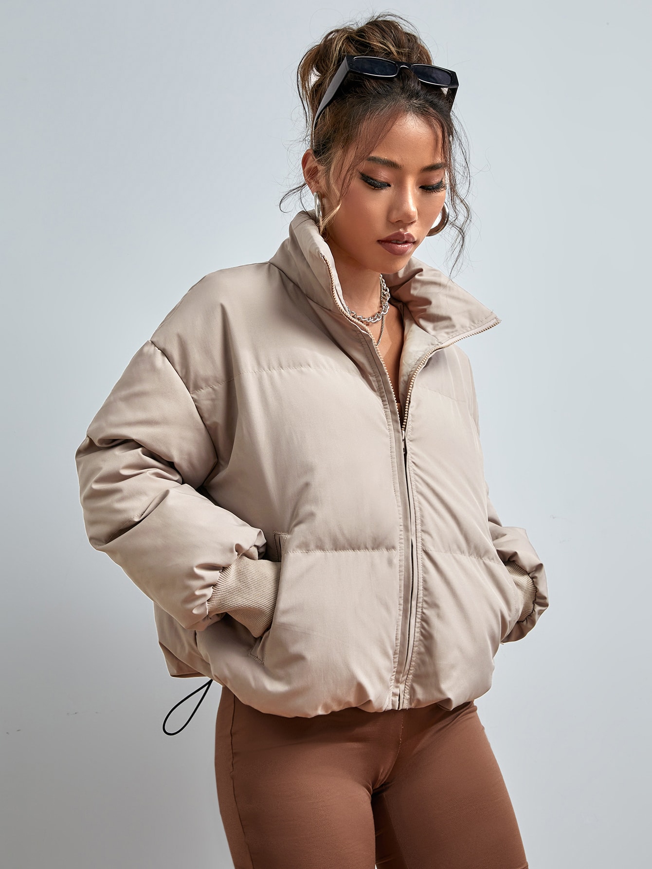 Drawstring Hem Drop Shoulder Zipper Puffer Coat