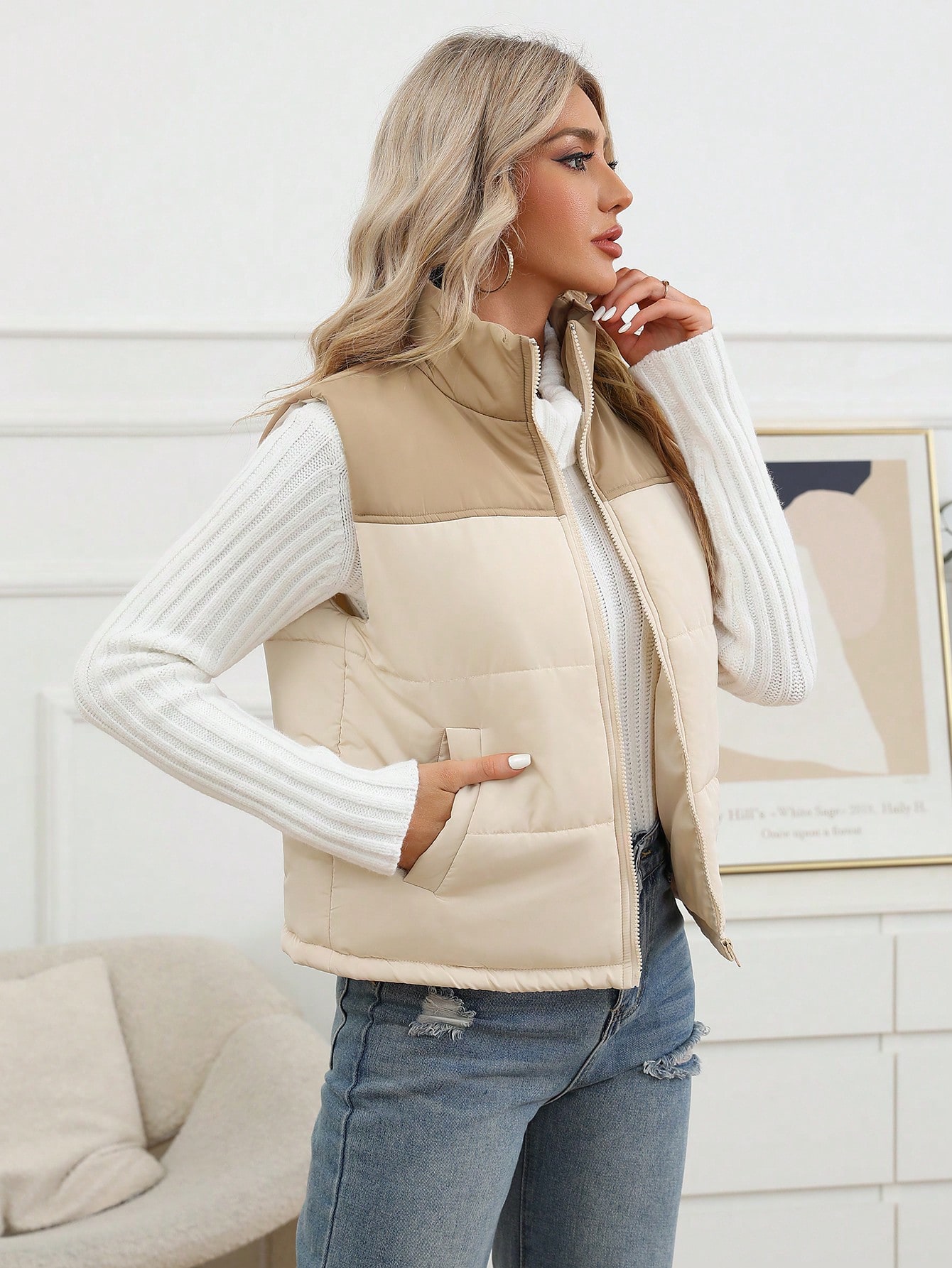 Two Tone Zip Up Vest Puffer Coat