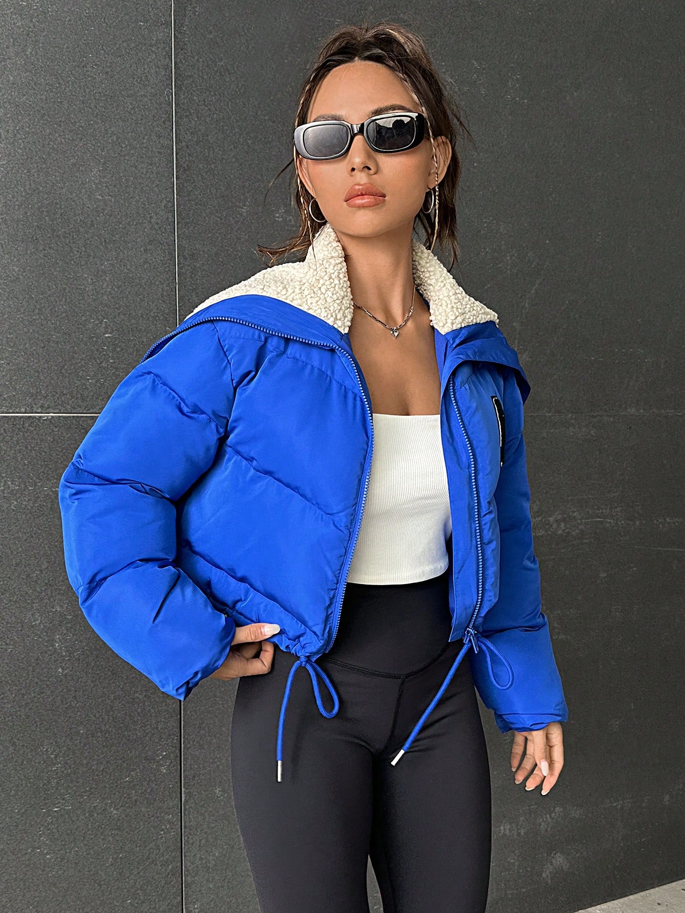 Letter Patched Drawstring Hem Puffer Coat