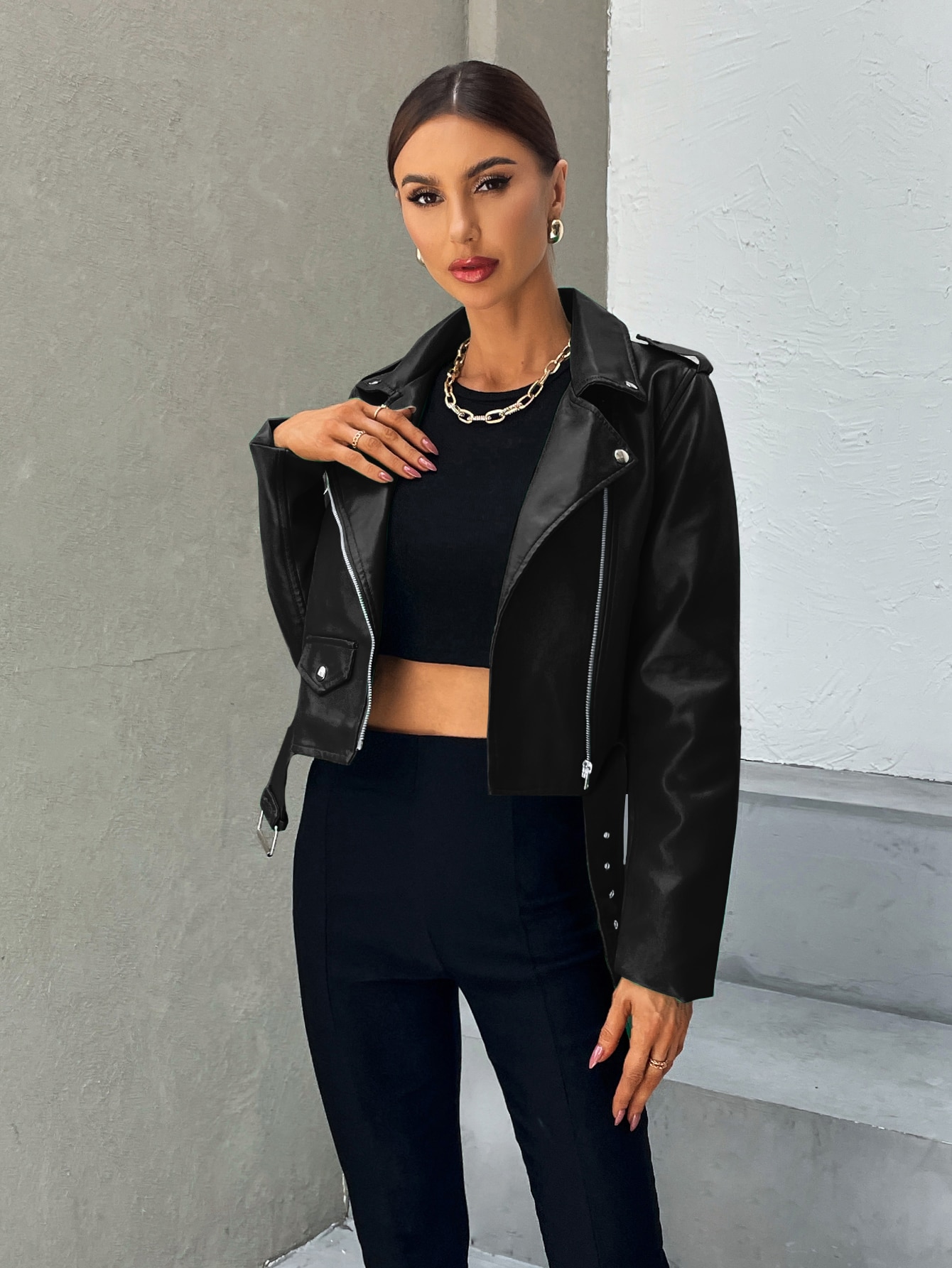 Zip Up Belted PU Leather Moto Jacket