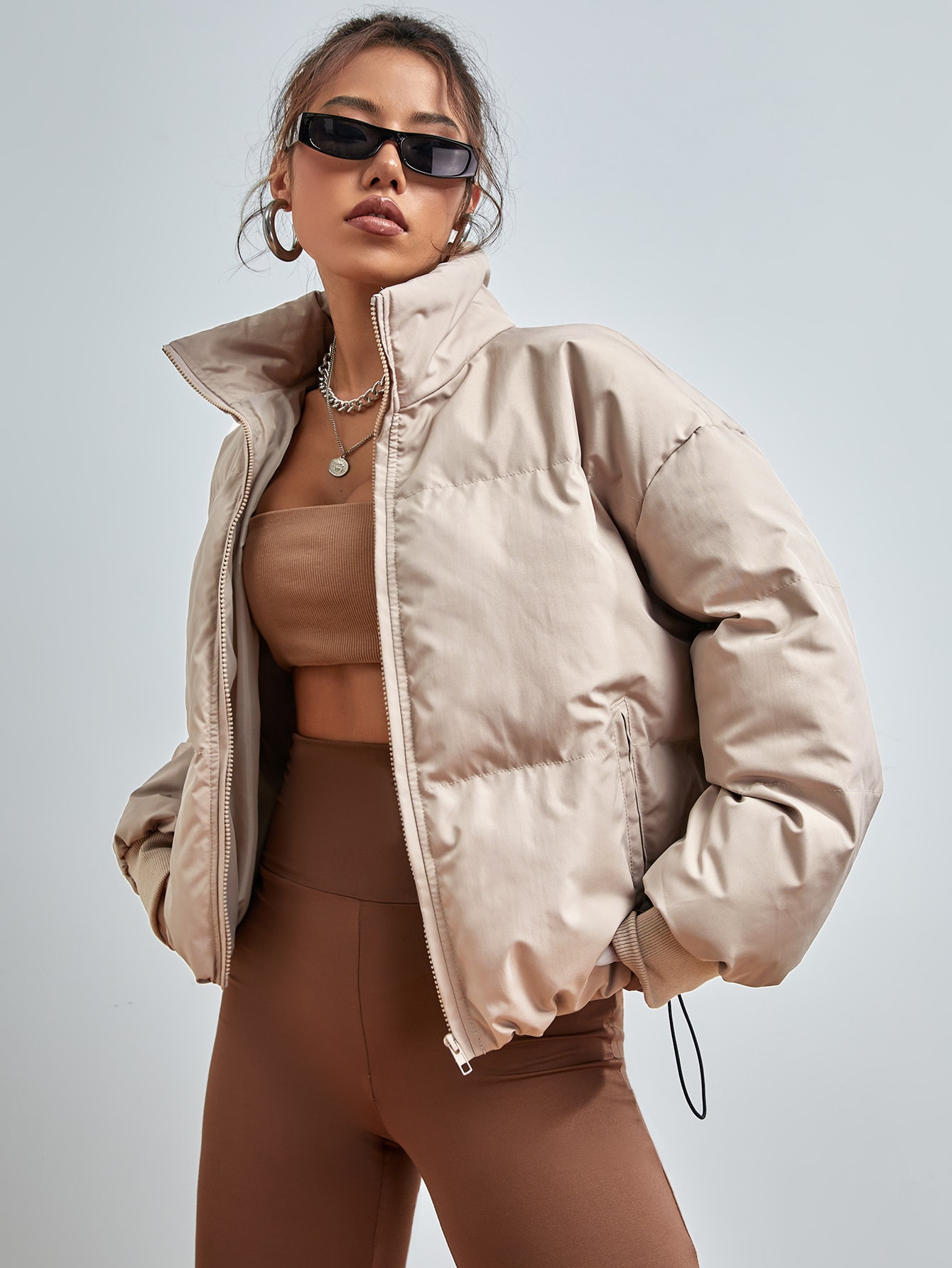 Drawstring Hem Drop Shoulder Zipper Puffer Coat