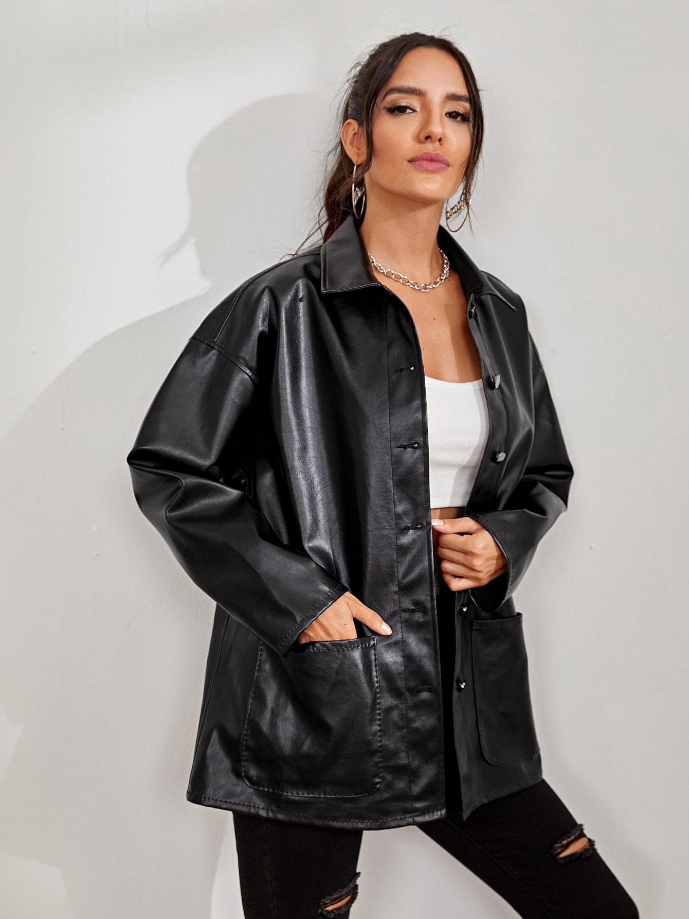 Button Front Drop Shoulder PU Leather Coat