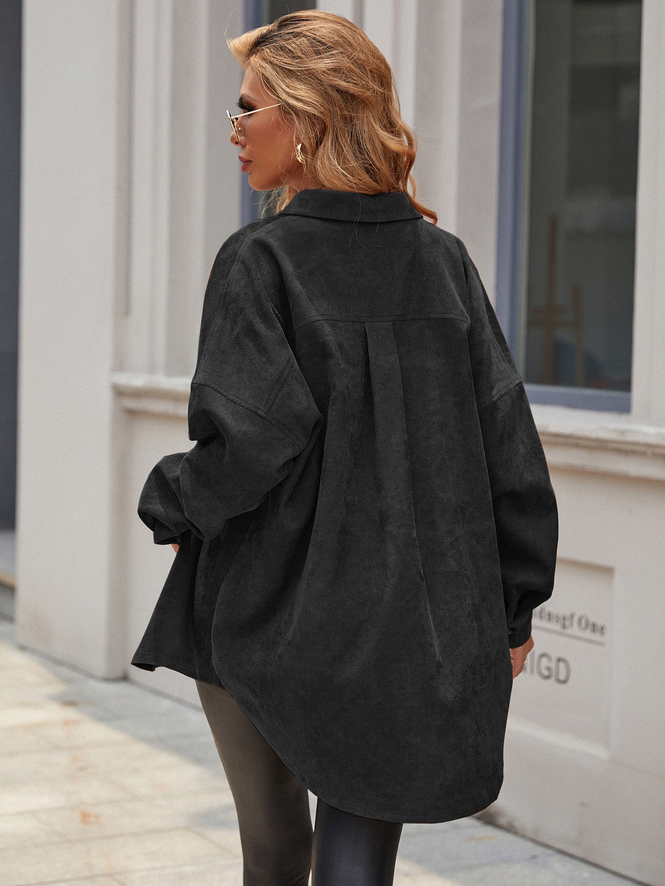 Solid Button Front Pocket Detail Corduroy Coat