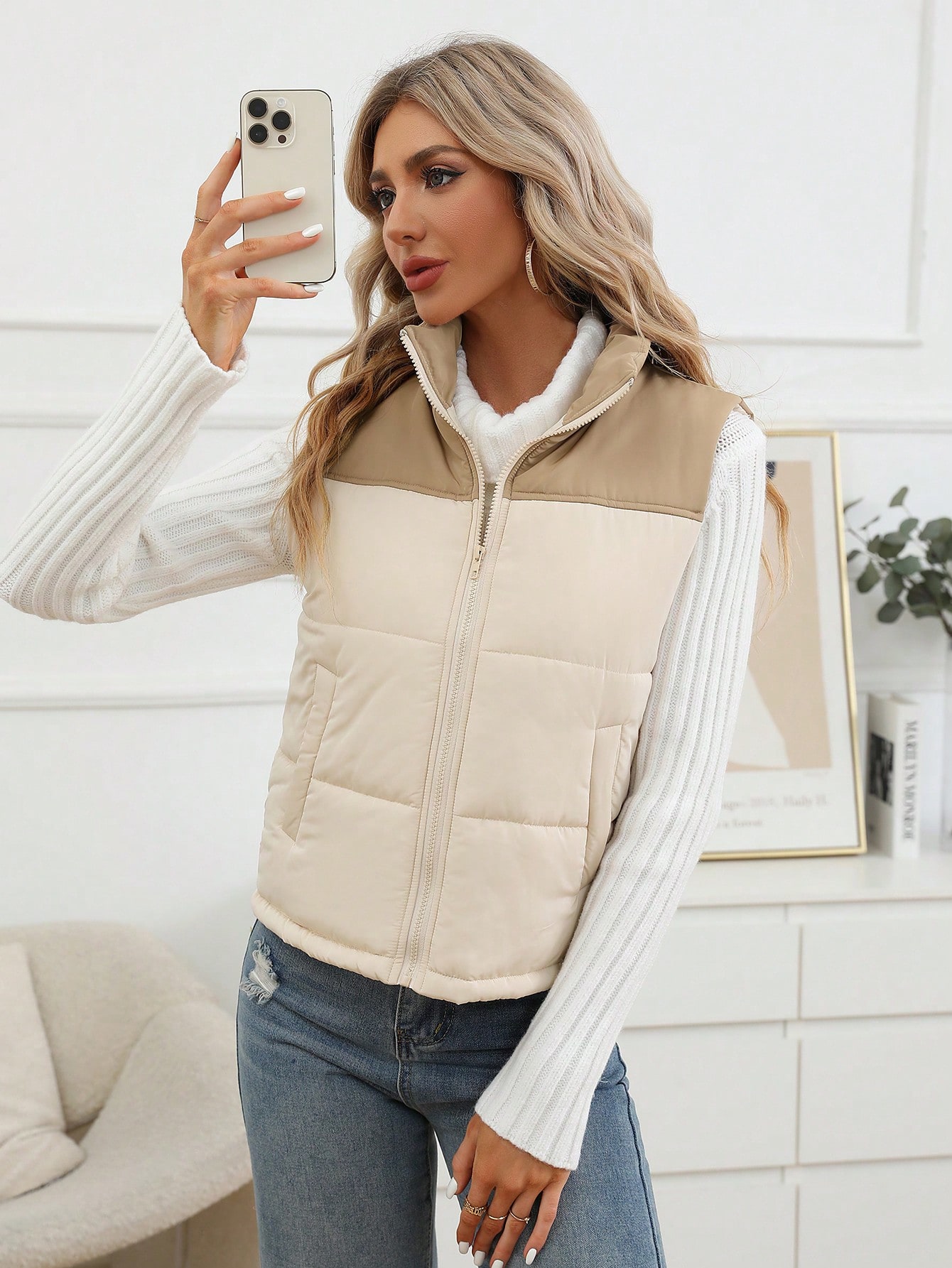 Two Tone Zip Up Vest Puffer Coat