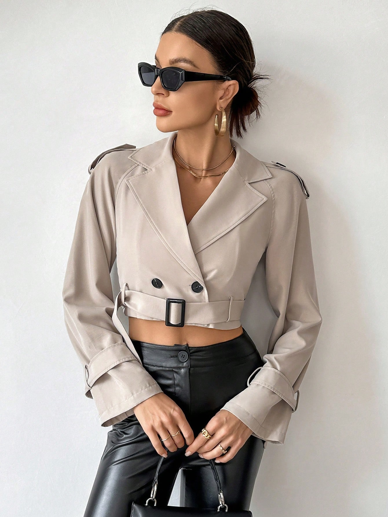 Lapel Neck Double Breasted Belted Crop Trench Coat