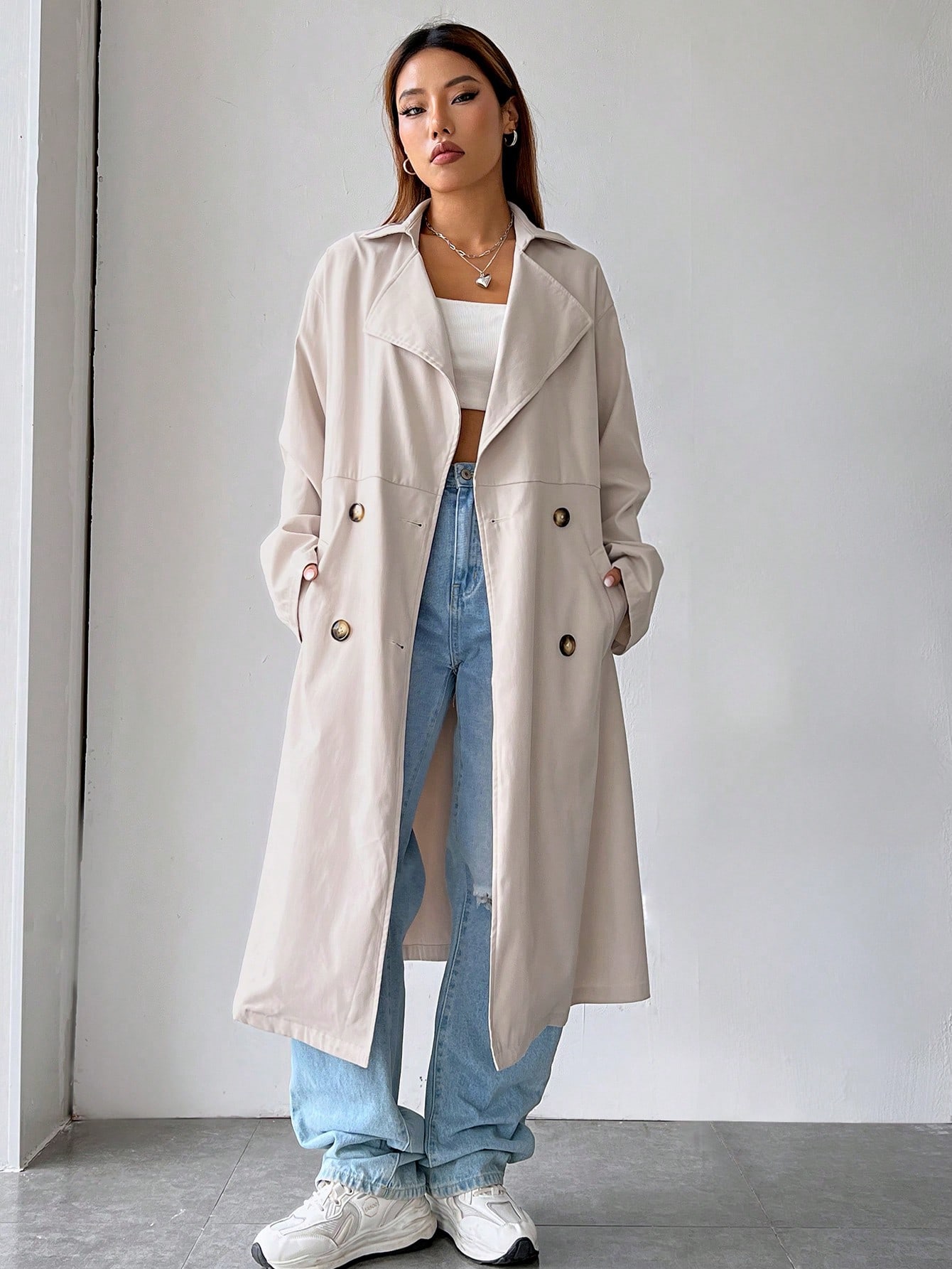 Lapel Neck Double Breasted Belted Trench Coat
