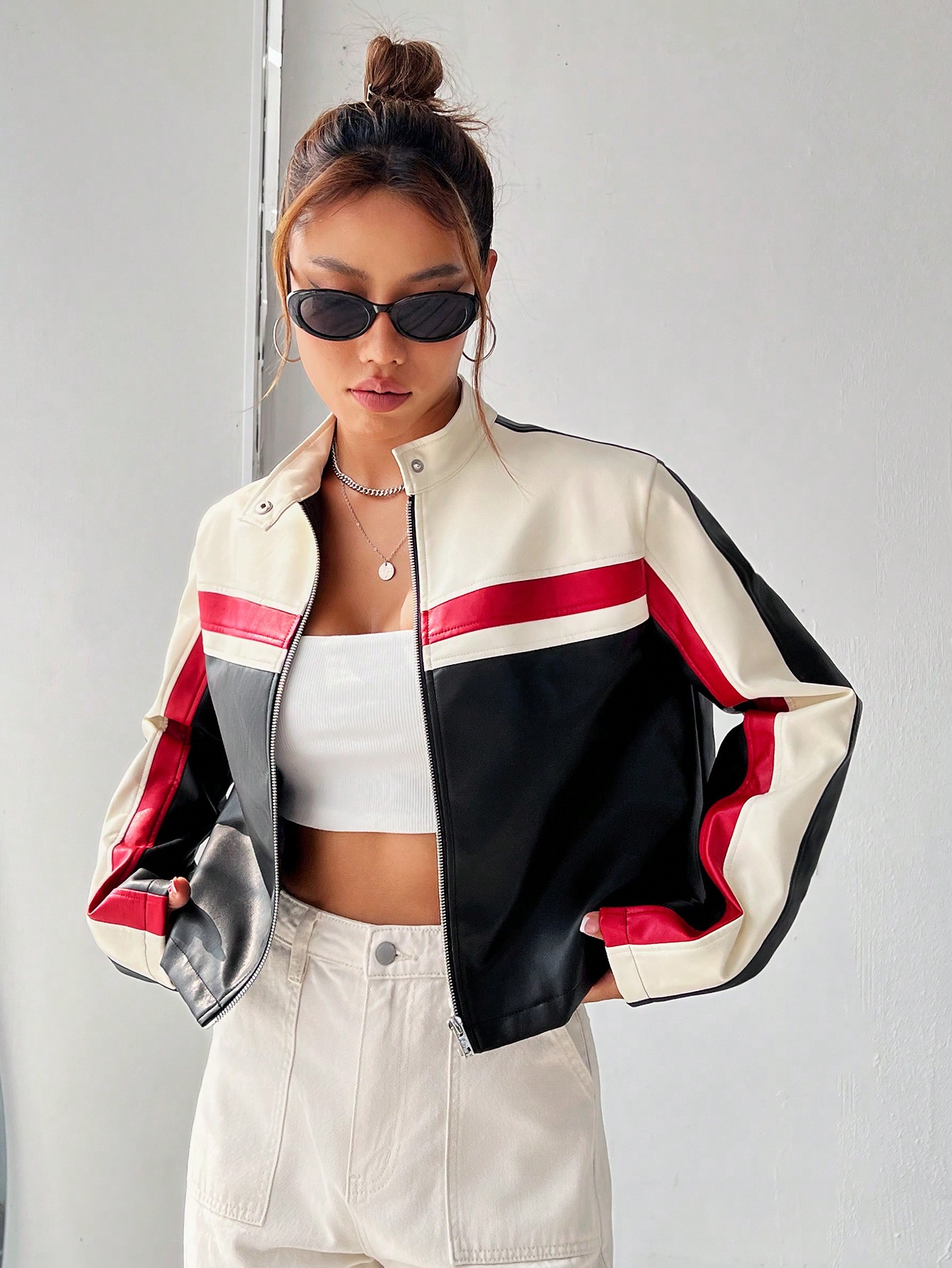 Colorblock Zip Up Crop Jacket