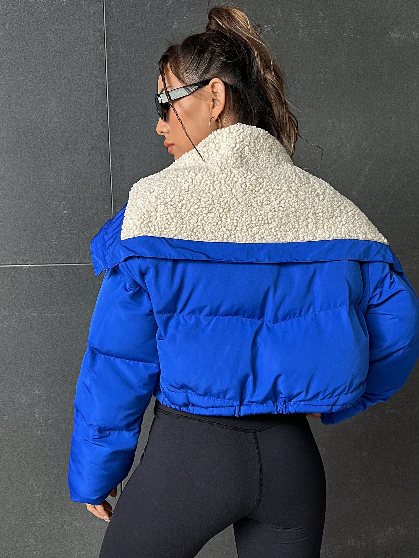 Letter Patched Drawstring Hem Puffer Coat