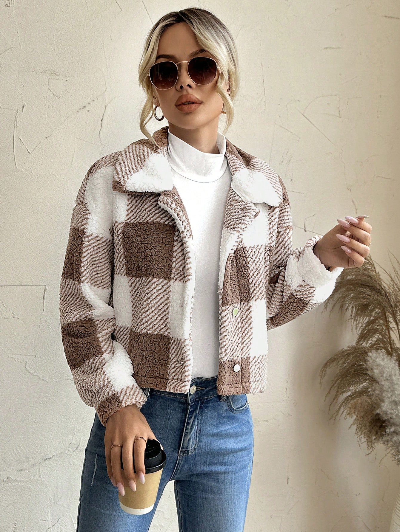Buffalo Plaid Pattern Drop Shoulder Teddy Jacket