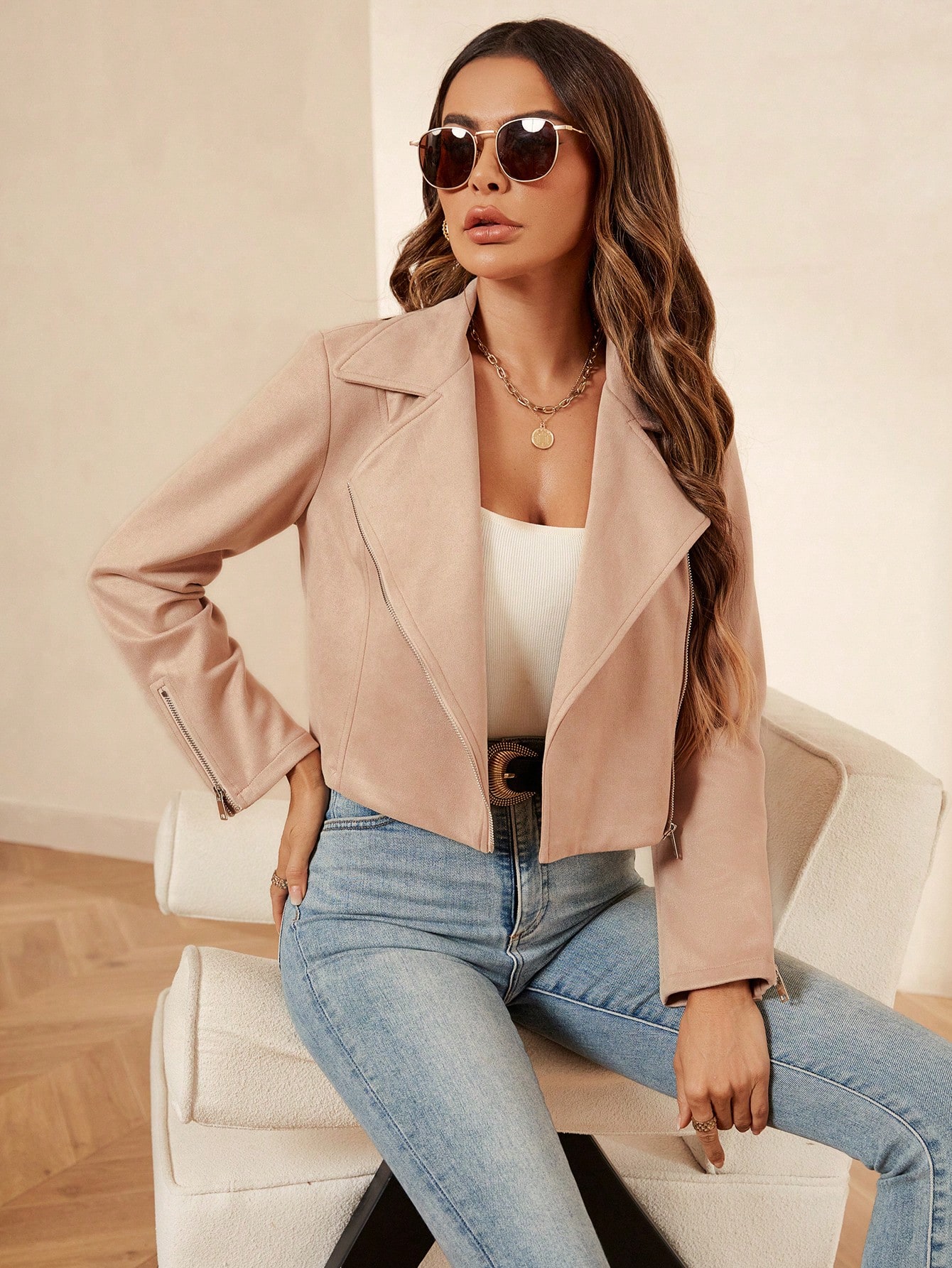 Lapel Neck Open Front Crop Jacket