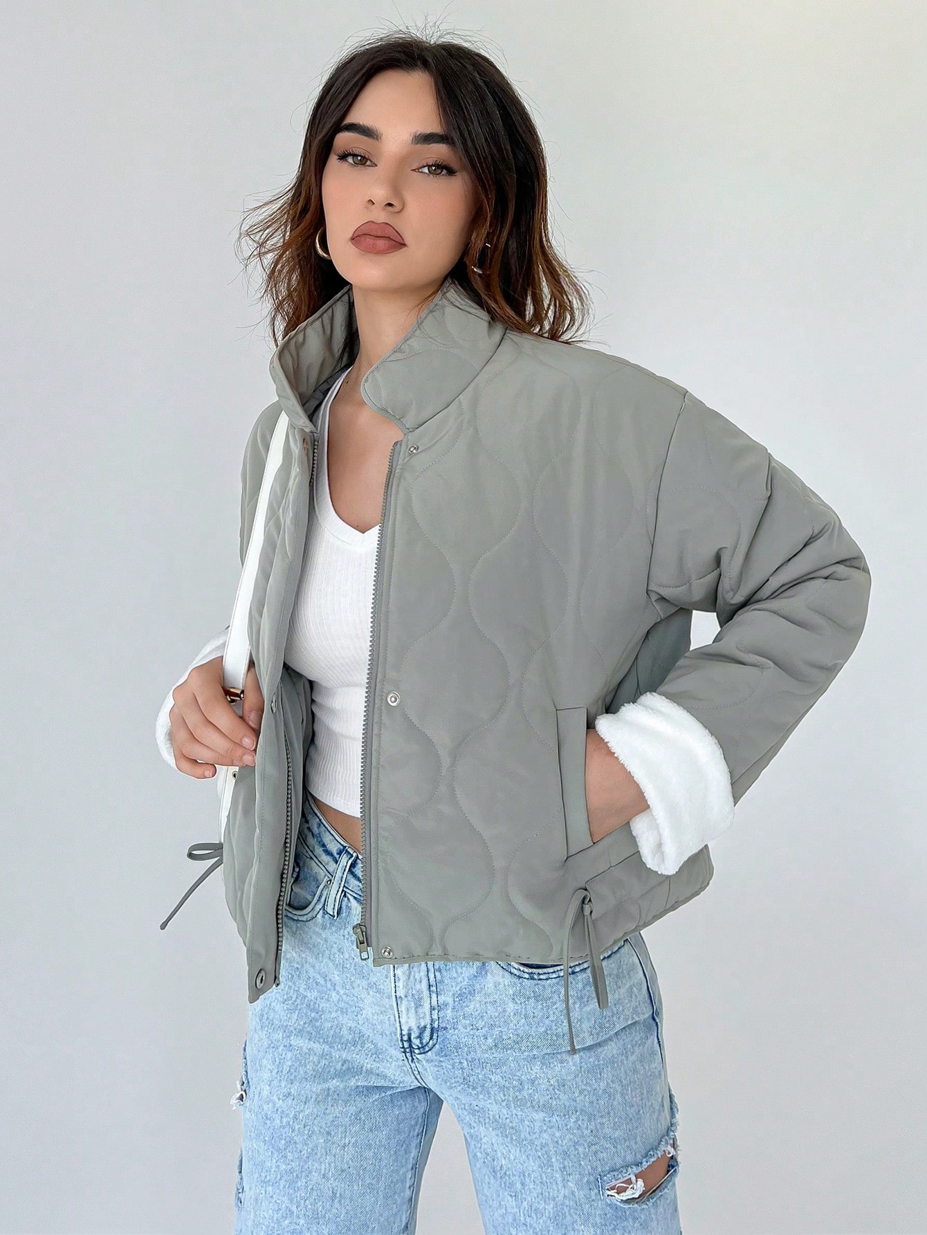Contrast Cuff Zip Up Puffer Coat