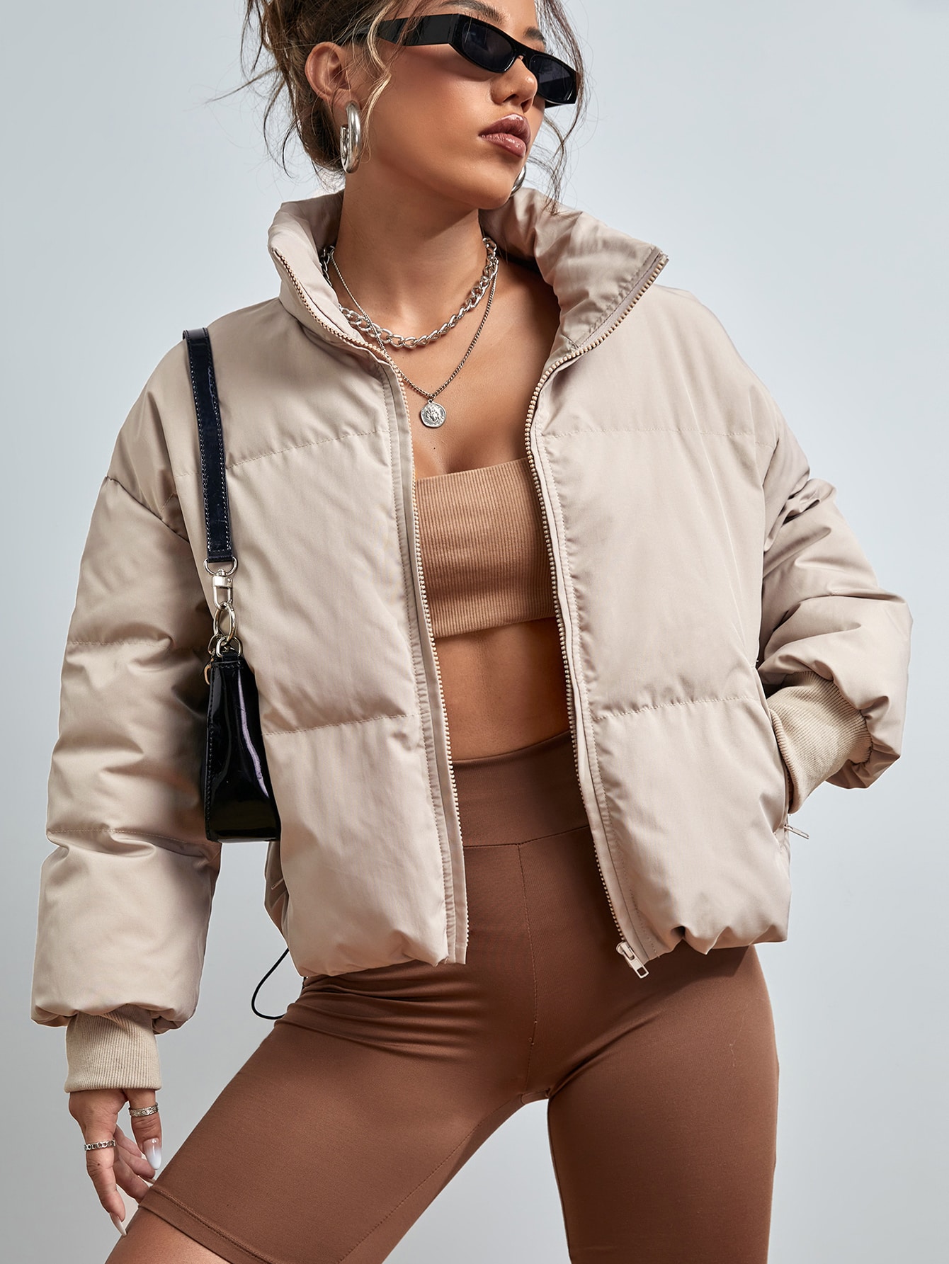 Drawstring Hem Drop Shoulder Zipper Puffer Coat