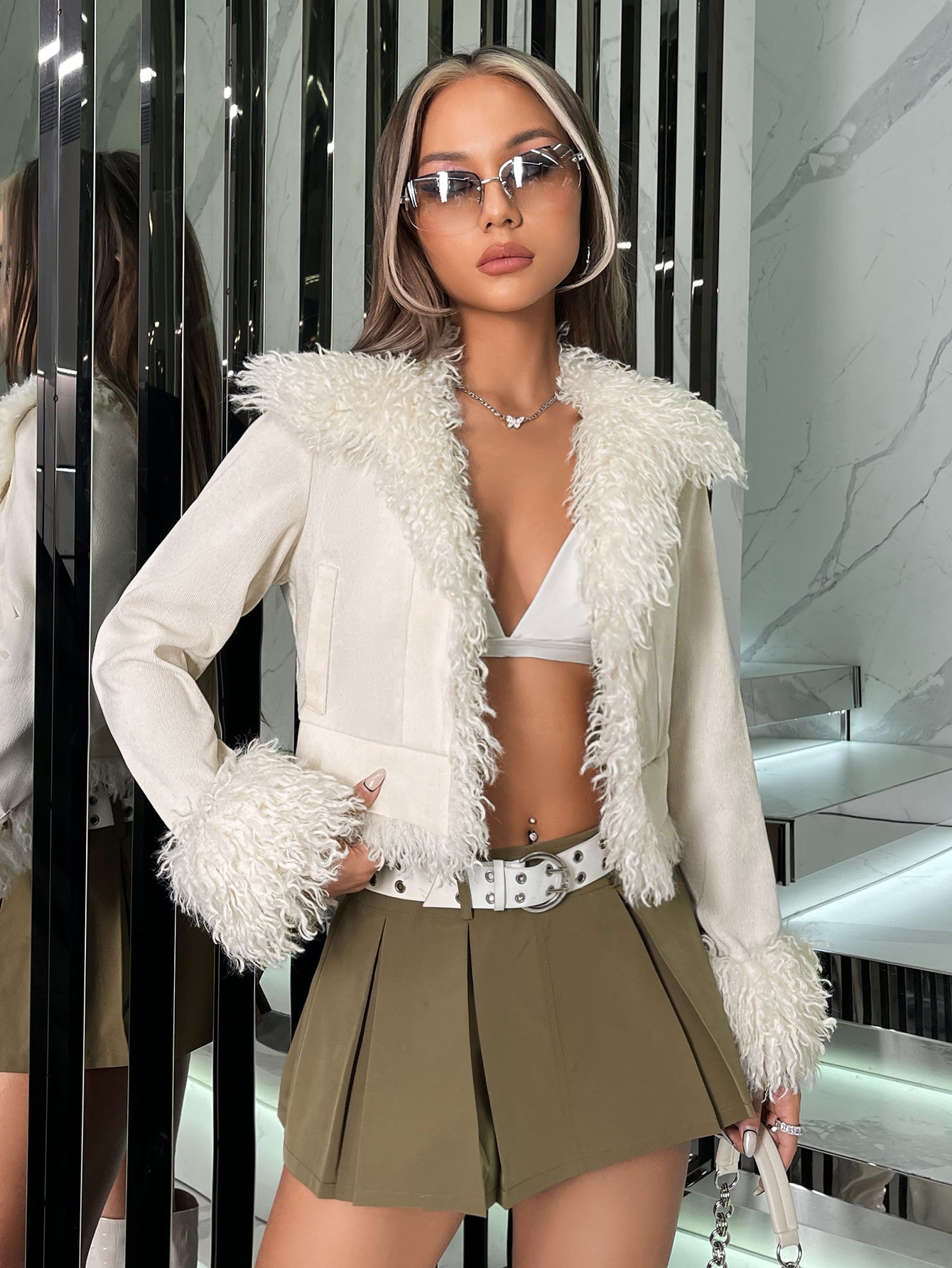 Fuzzy Trim Open Front Jacket