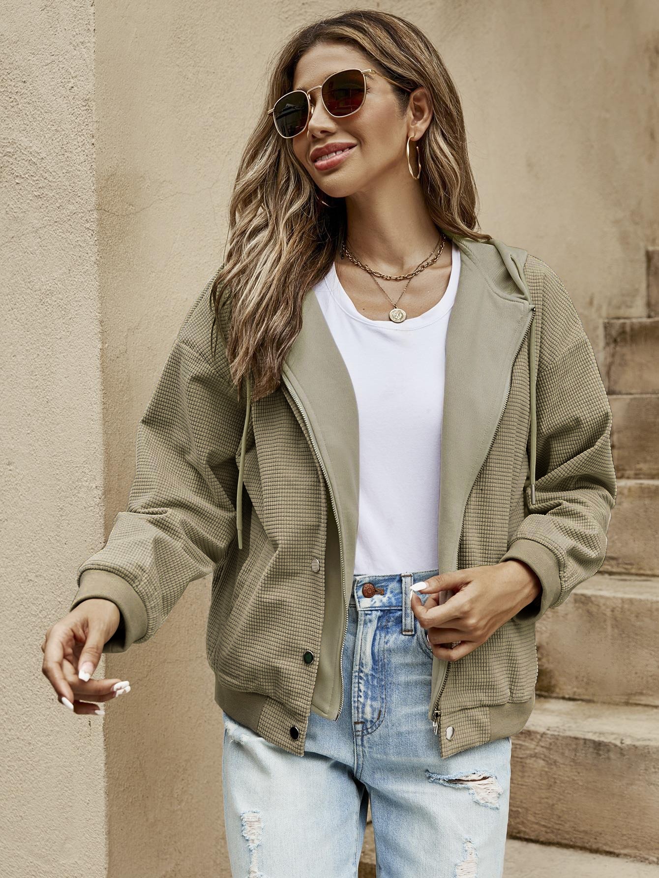 Slant Pockets Zip Up Drawstring Hooded 2 In 1 Jacket