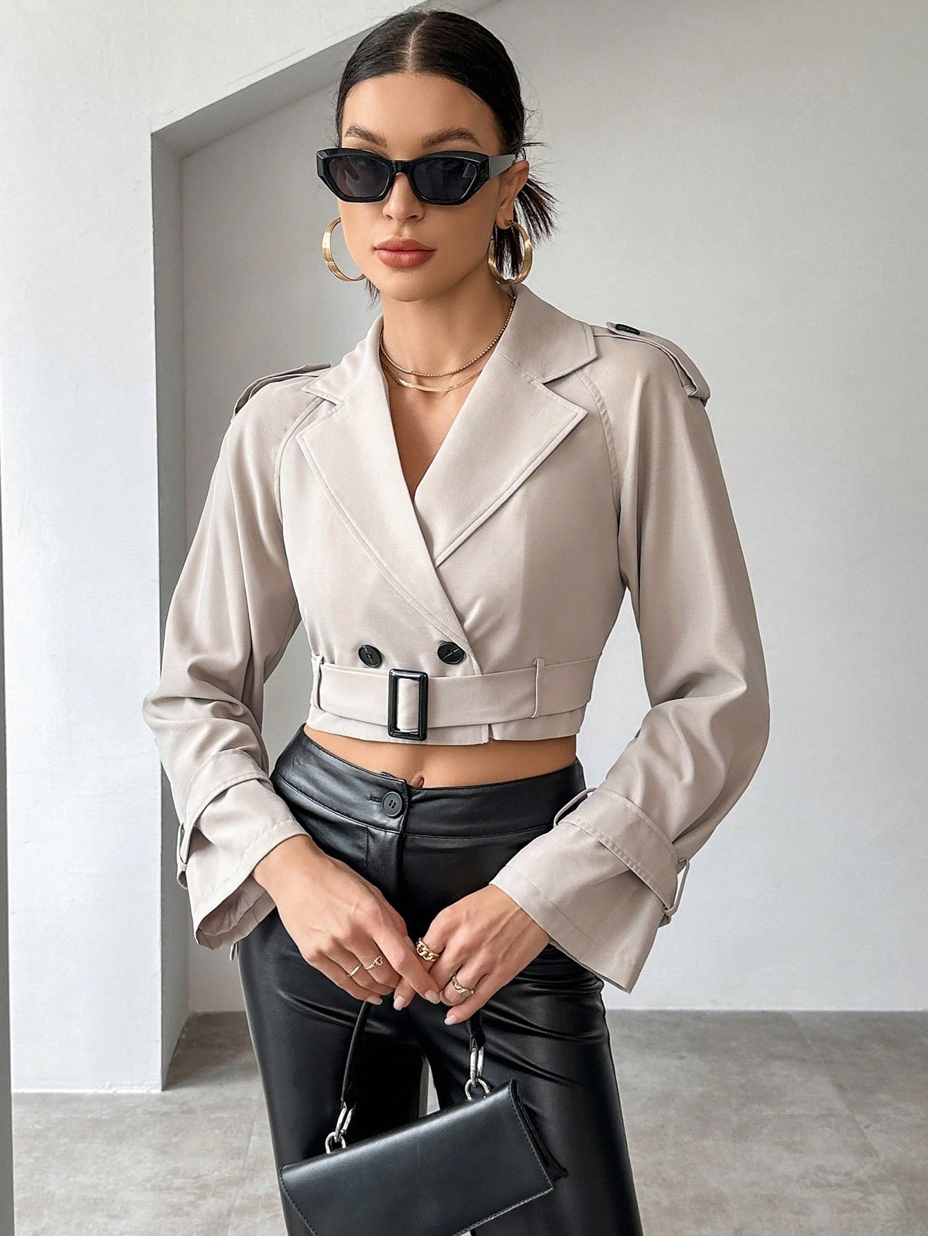 Lapel Neck Double Breasted Belted Crop Trench Coat