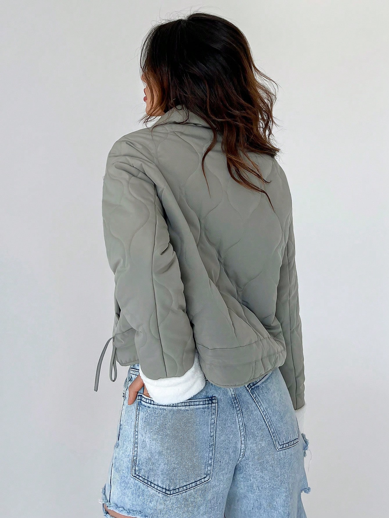Contrast Cuff Zip Up Puffer Coat