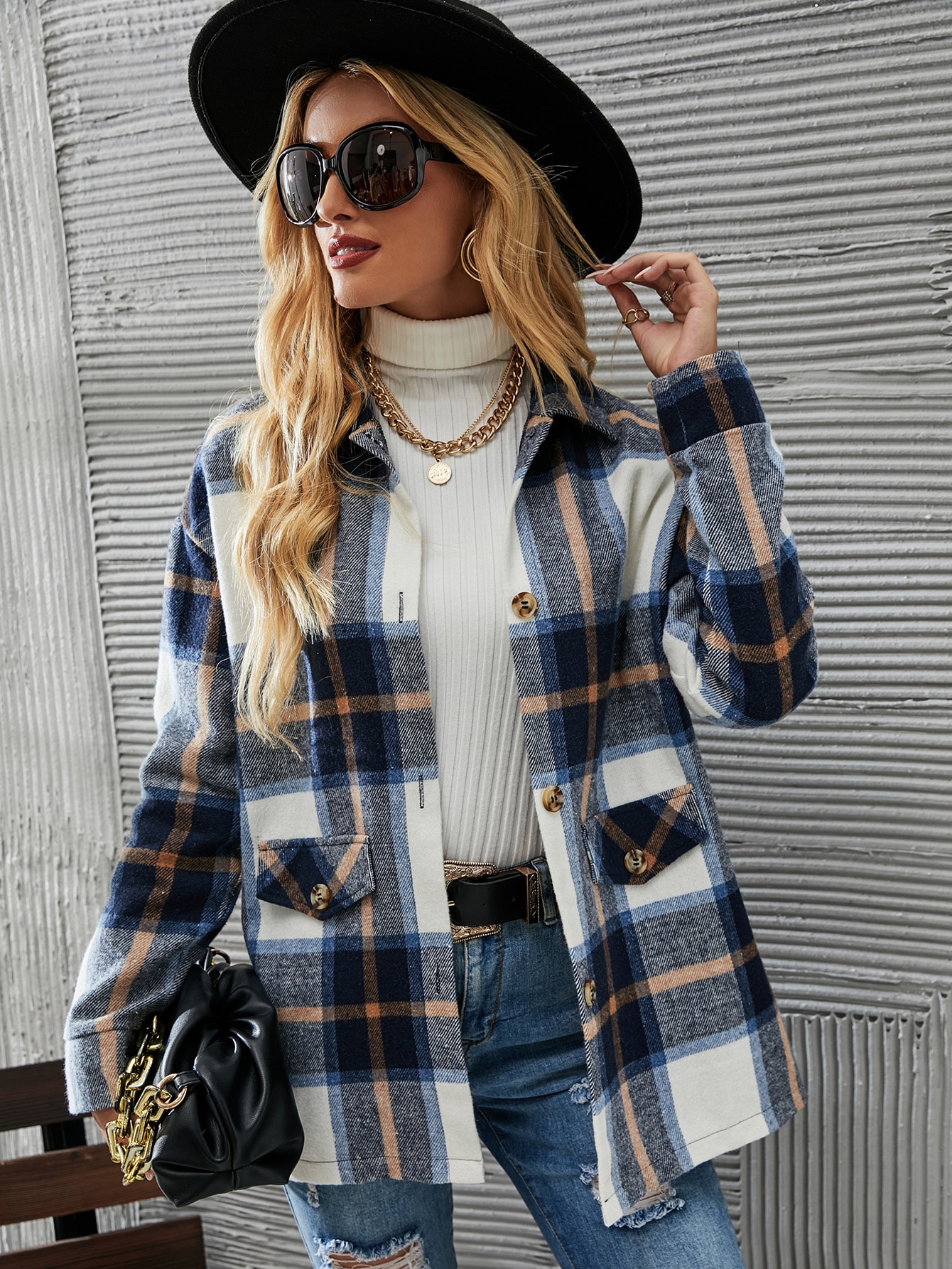 Plaid Drop Shoulder Overcoat