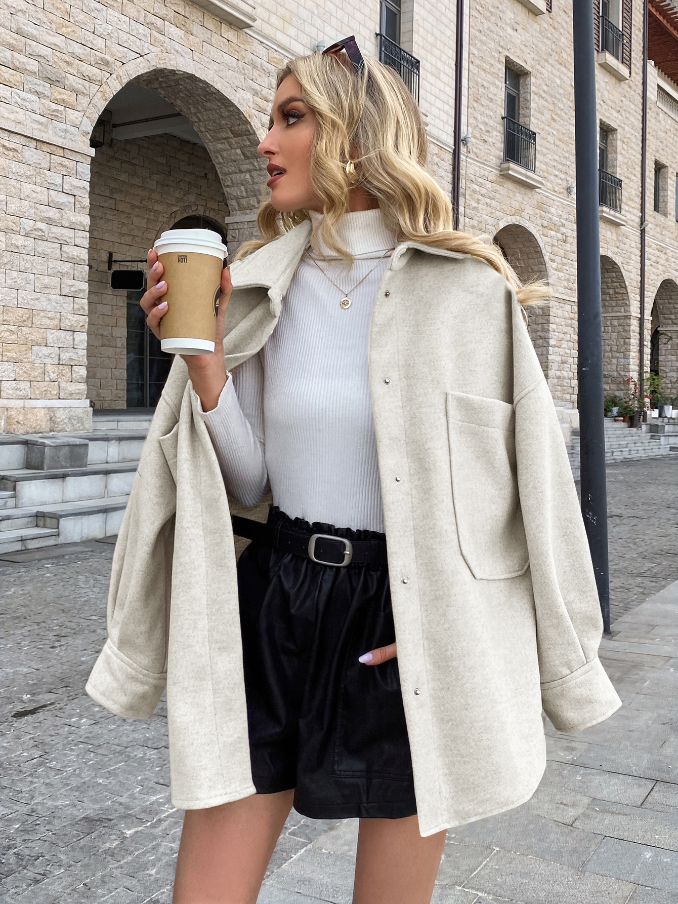 Drop Shoulder Pocket Front Overcoat