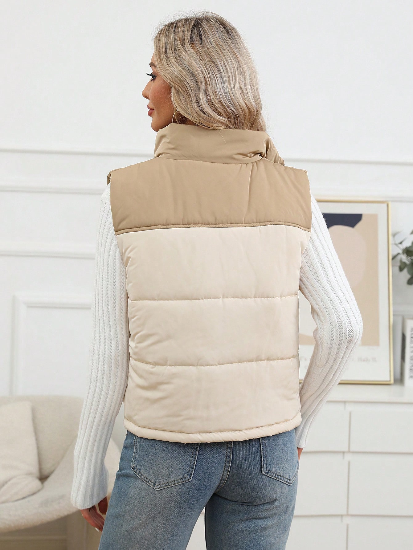 Two Tone Zip Up Vest Puffer Coat