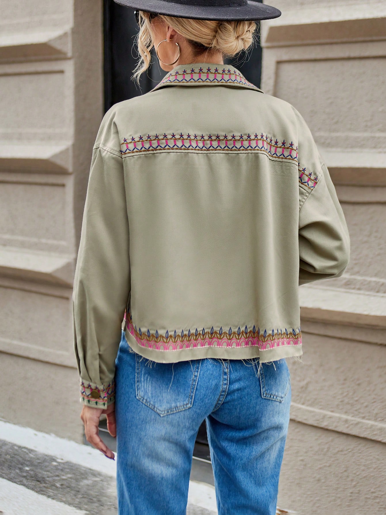 Geo Print Drop Shoulder Pocket Patched Jacket