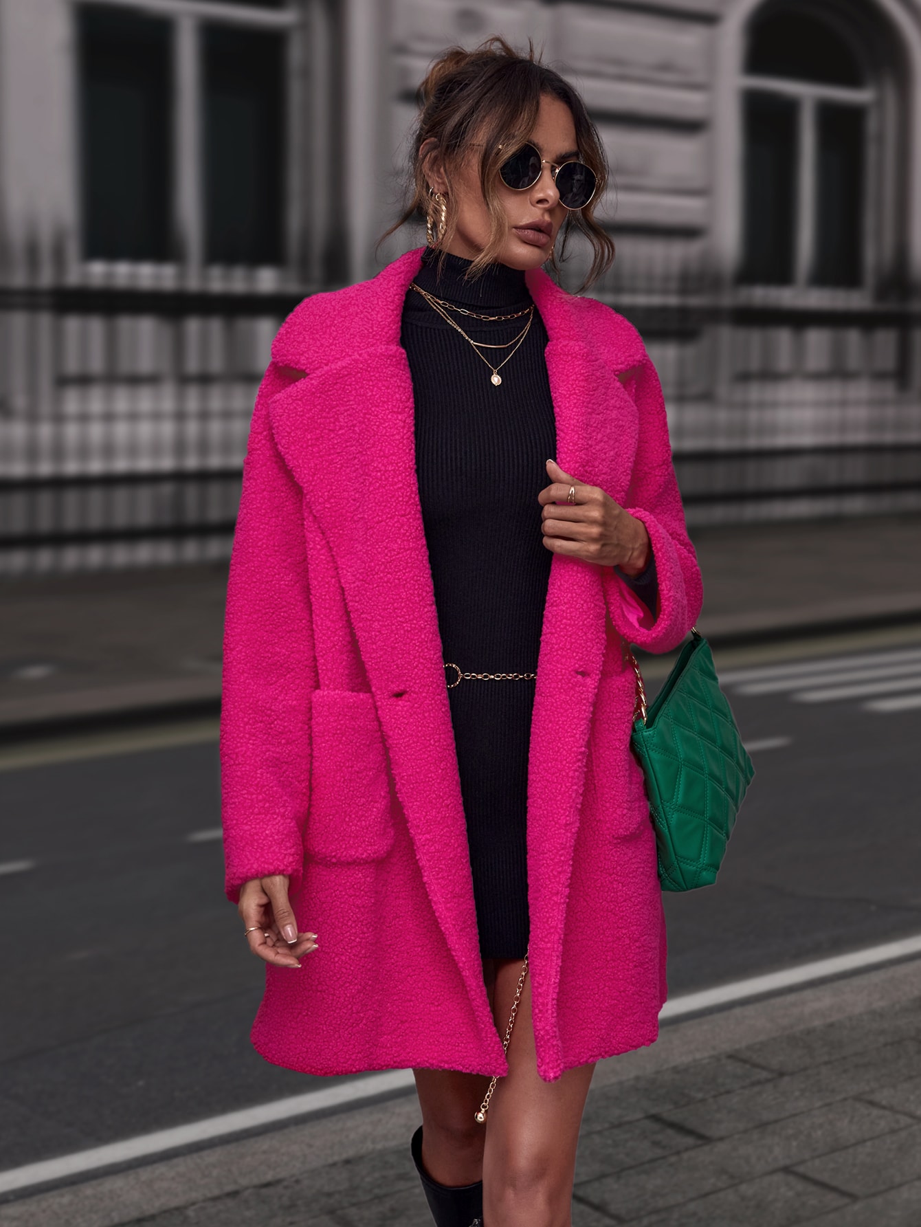 Dual Pocket Lapel Neck Teddy Coat