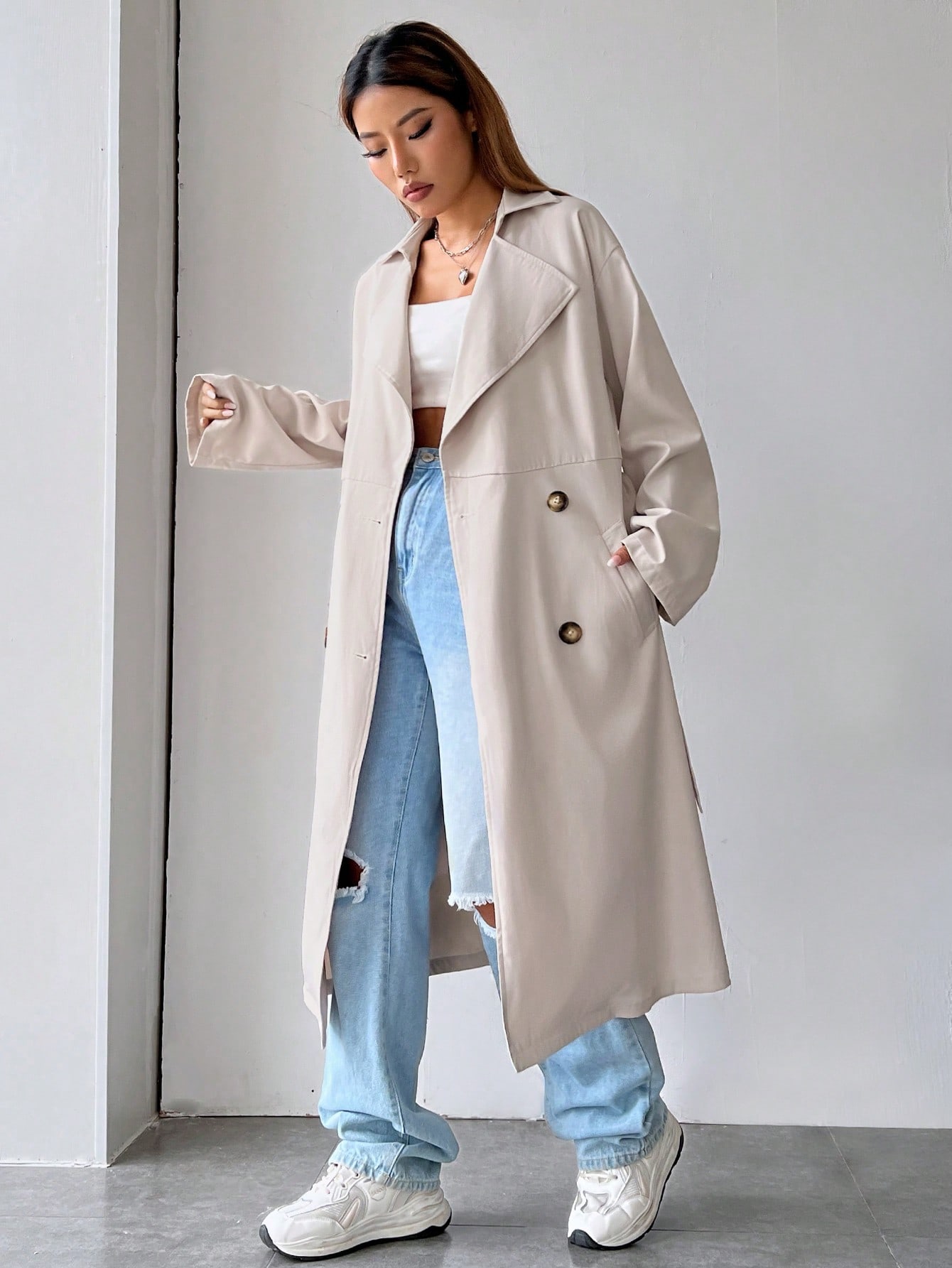 Lapel Neck Double Breasted Belted Trench Coat