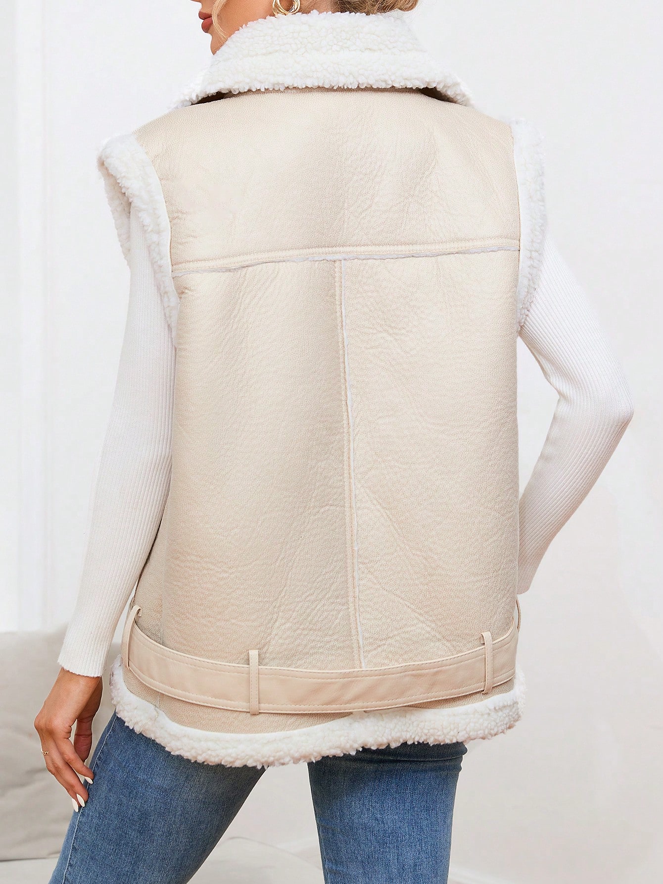 Borg Collar Teddy Lined Belted Vest Jacket