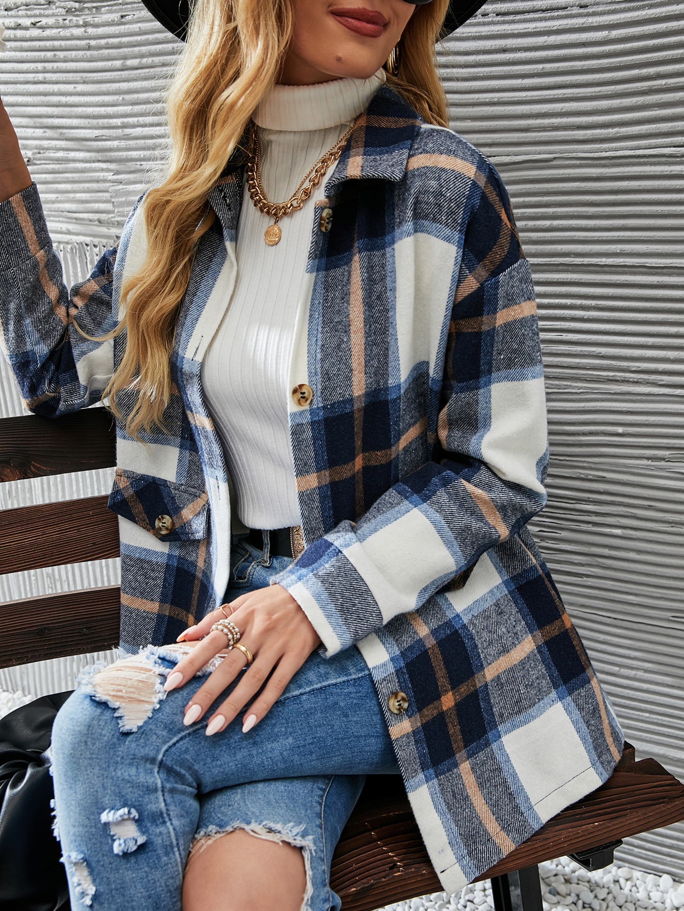 Plaid Drop Shoulder Overcoat