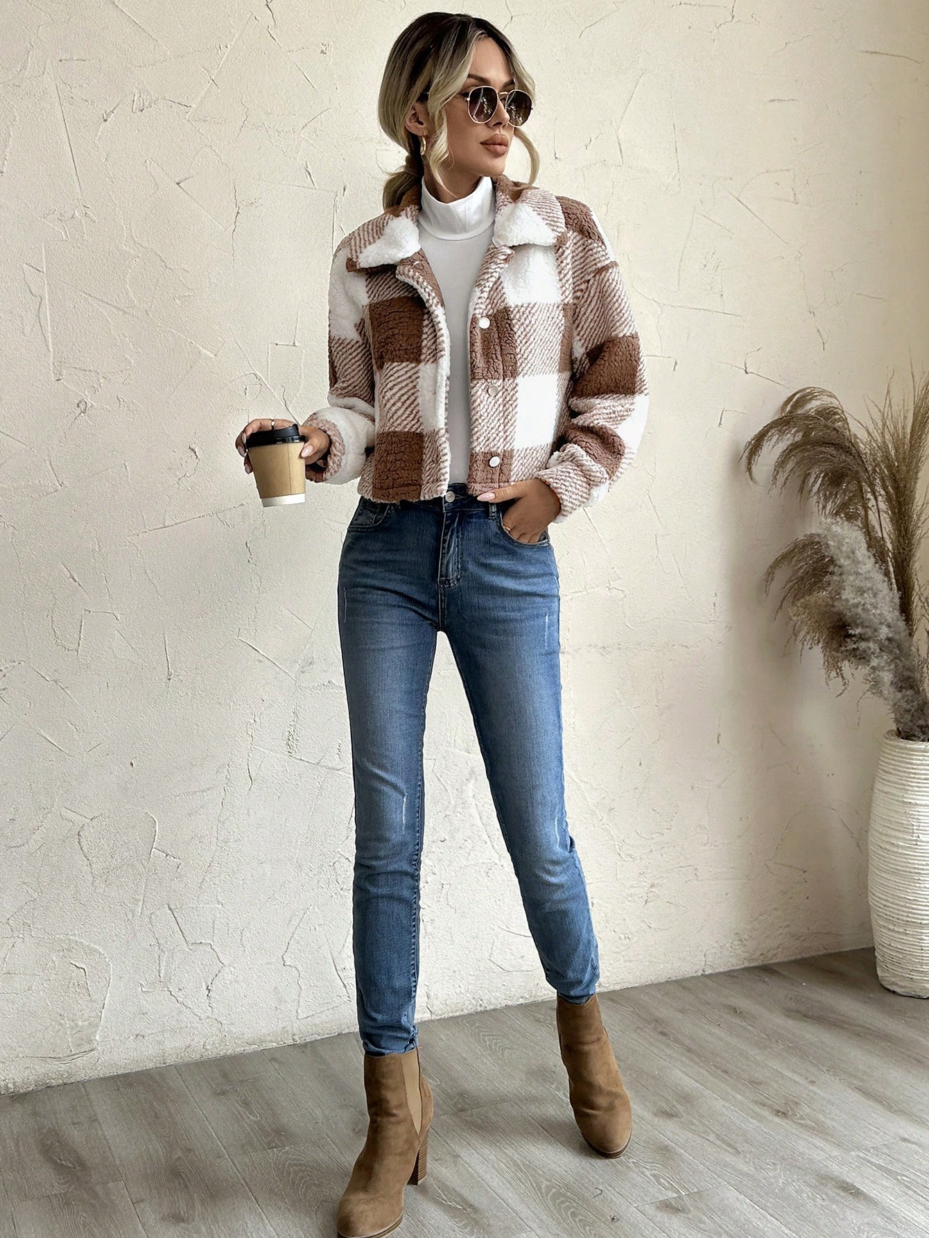 Buffalo Plaid Pattern Drop Shoulder Teddy Jacket