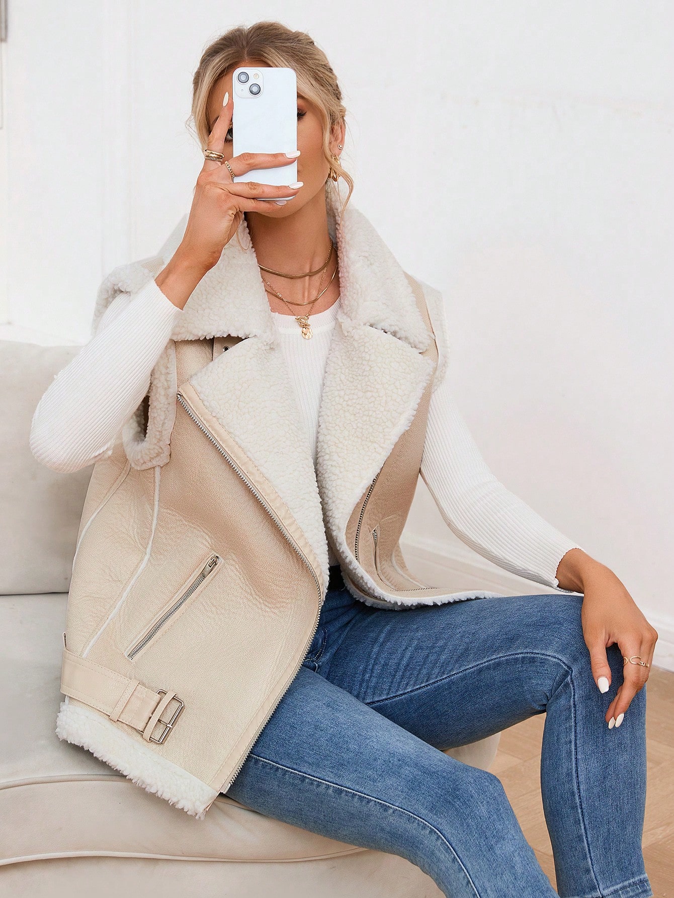Borg Collar Teddy Lined Belted Vest Jacket
