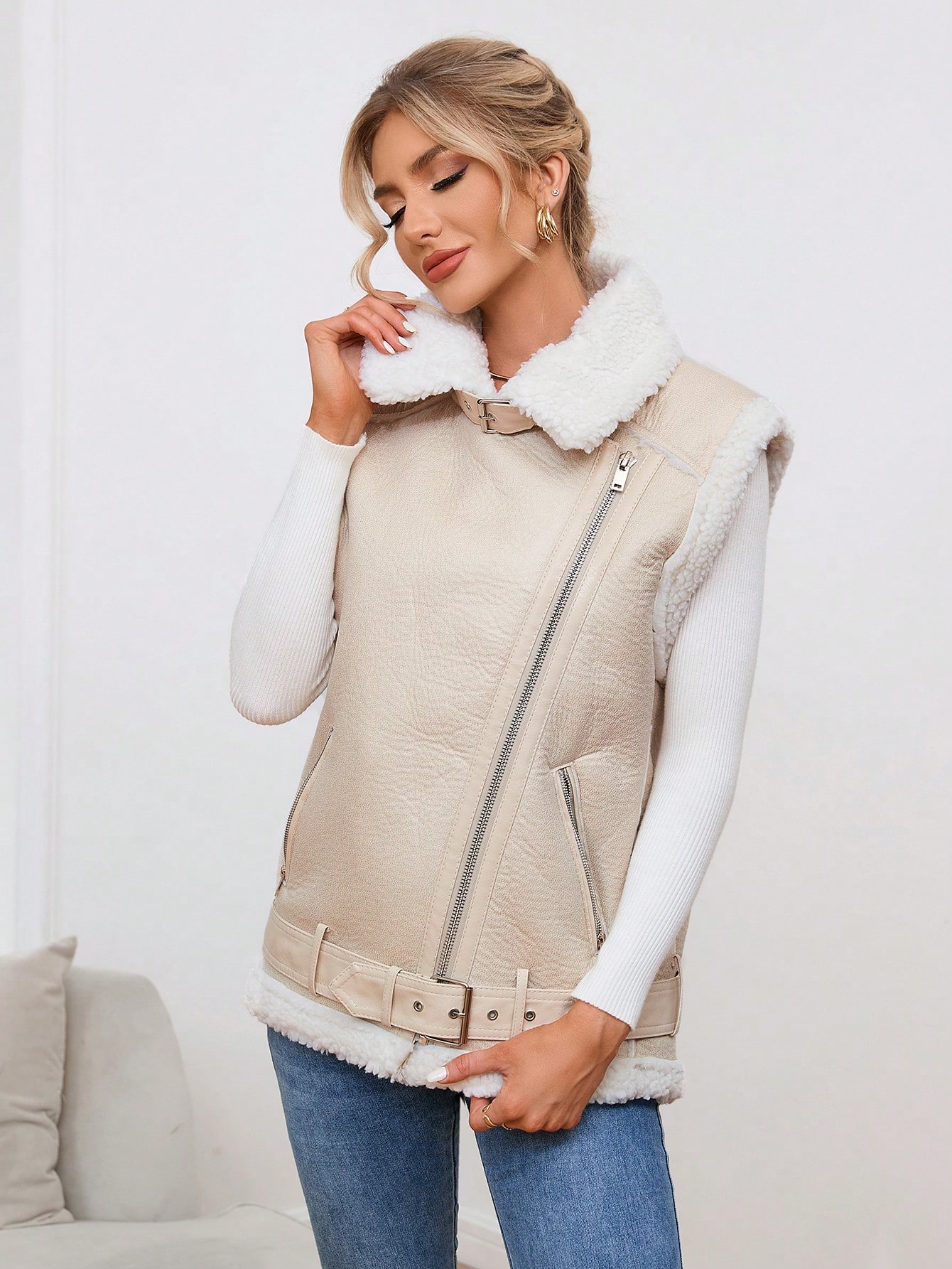 Borg Collar Teddy Lined Belted Vest Jacket