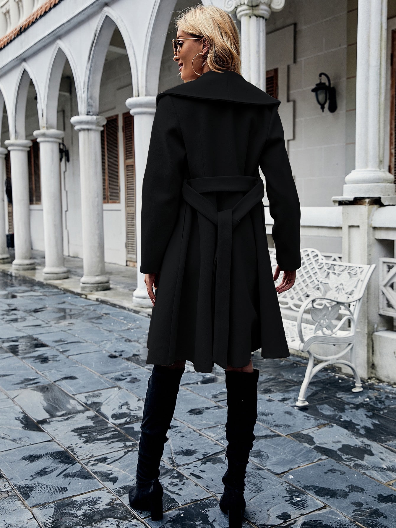 Shawl Collar Double Button Belted Overcoat