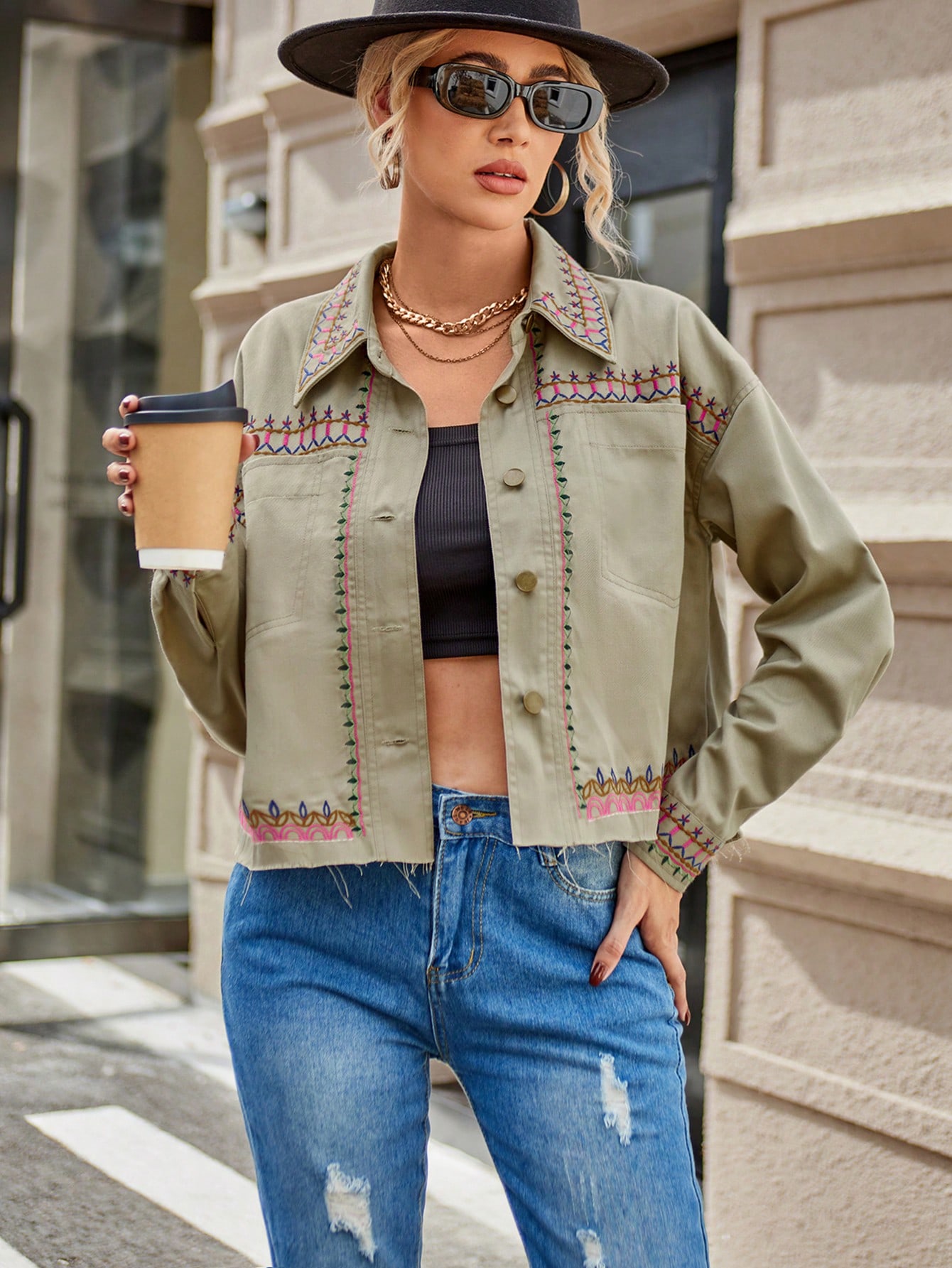 Geo Print Drop Shoulder Pocket Patched Jacket